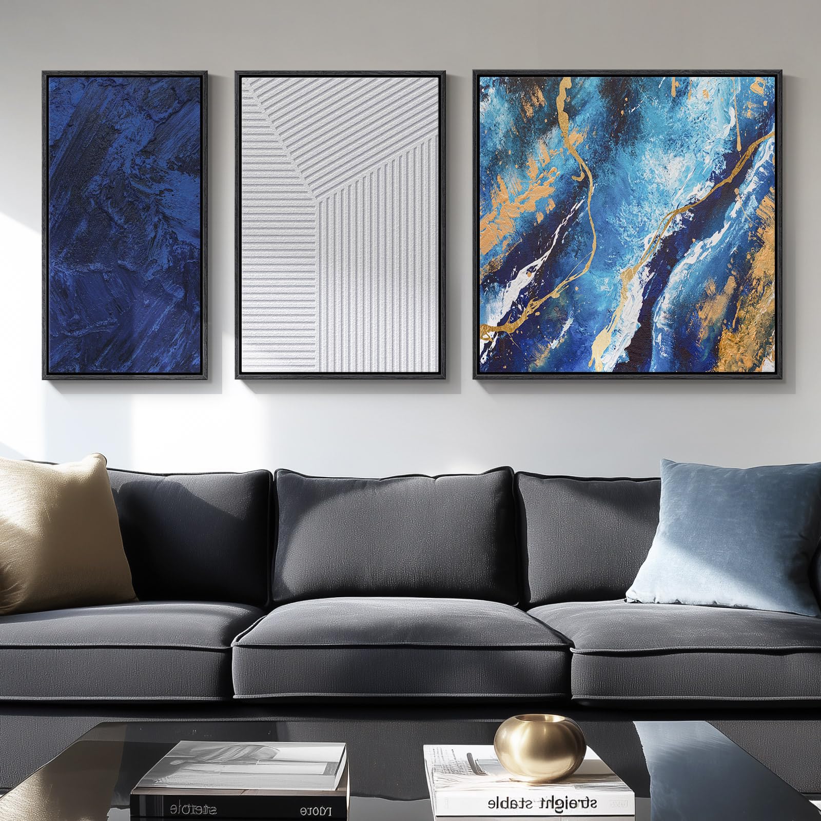 Framed Black and White Abstract Wall Art for Living Room, 3 Piece Canvas Prints Paintings Artwork for Walls, Modern Minimalist Abstract Pictures for Bedroom, Dining Room, Office Wall Decor