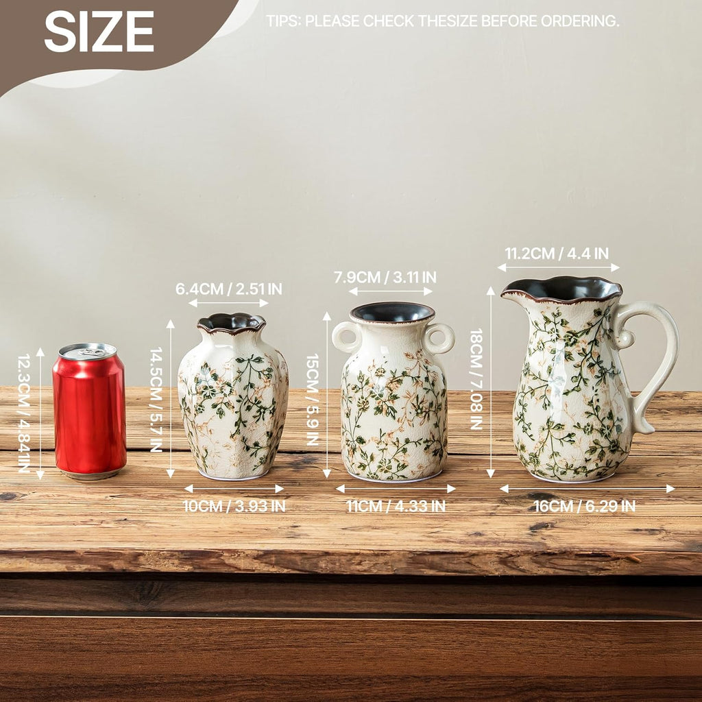 Ceramic Flower Vases Set of 3 | Green Rustic Farmhouse Vase Set for Home Decor, Vintage Floral Decorative Vase for Living Room & Kitchen, Mantel & Bookshelf, Centerpieces, Entryway(5.7+5.9+7.1Inch)
