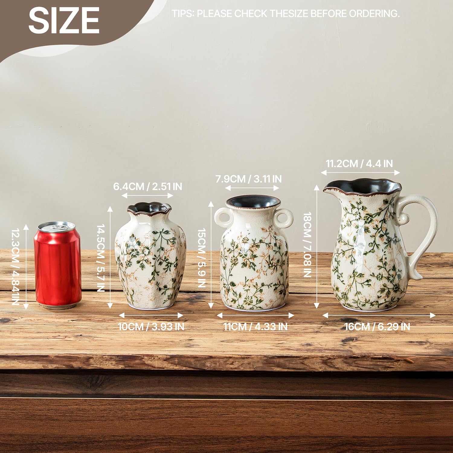 Ceramic Flower Vases Set of 3 | Green Rustic Farmhouse Vase Set for Home Decor, Vintage Floral Decorative Vase for Living Room & Kitchen, Mantel & Bookshelf, Centerpieces, Entryway(5.7+5.9+7.1Inch)