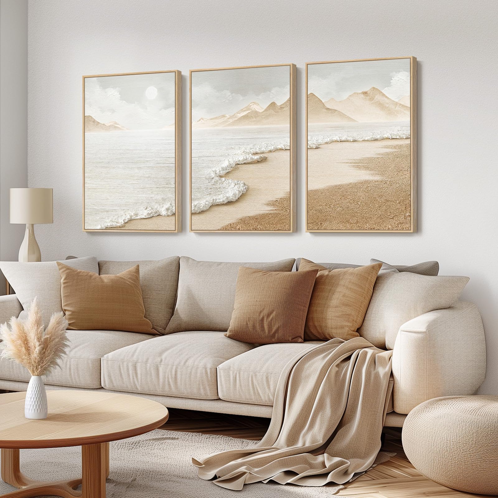Framed Abstract Coastal Wall Art for Living Room, Large Blue Coastal Landscape Decor, 3 Piece Minimalist Beach Ocean Painting Artwork for Walls, Canvas Prints for Bedroom Hallway Wall Decor, 24x36 In