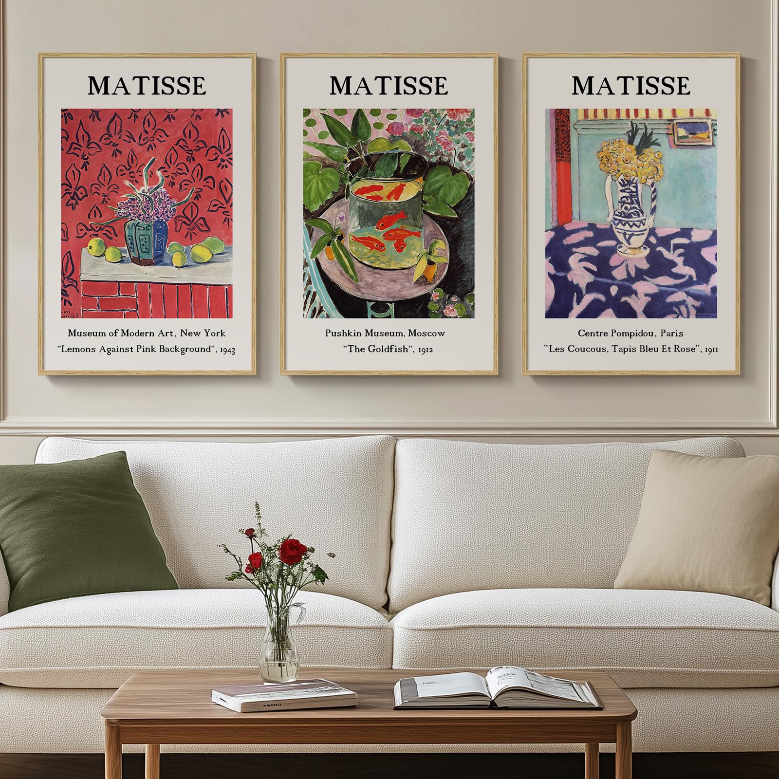 Large Framed Matisse Wall Art for Living room, 3 Piece Colorful Abstract Canvas Artwork for Walls, Retro Vintage Big Matisse Famous Landscape Paintings Prints Pictures for Hallway Home Office 24x36
