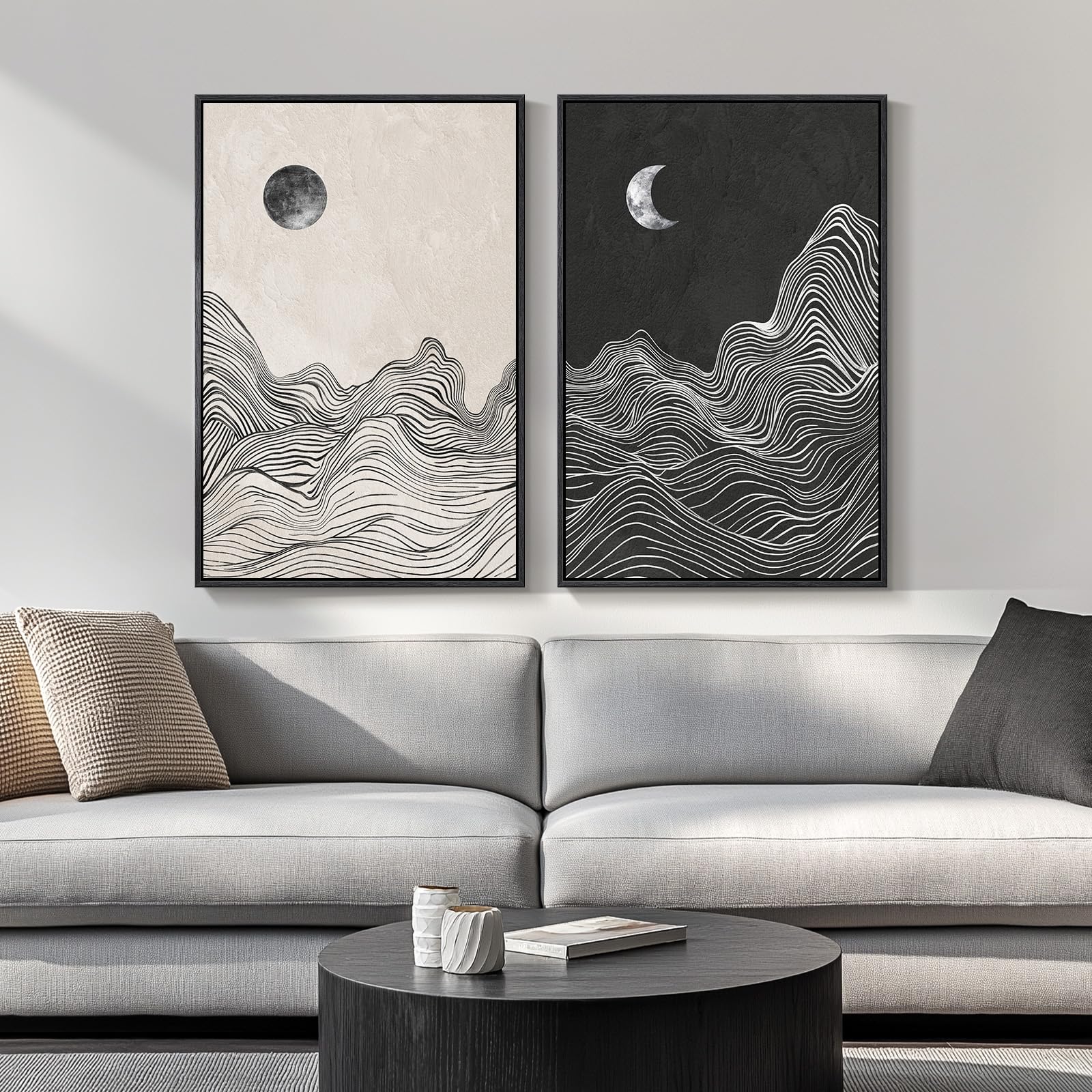 24x36 Inch 2-Piece Framed Black Beige Abstract Canvas Prints, Minimalist Black White Wall Art Decor for Living Room, Dining, Hallway & Bedroom