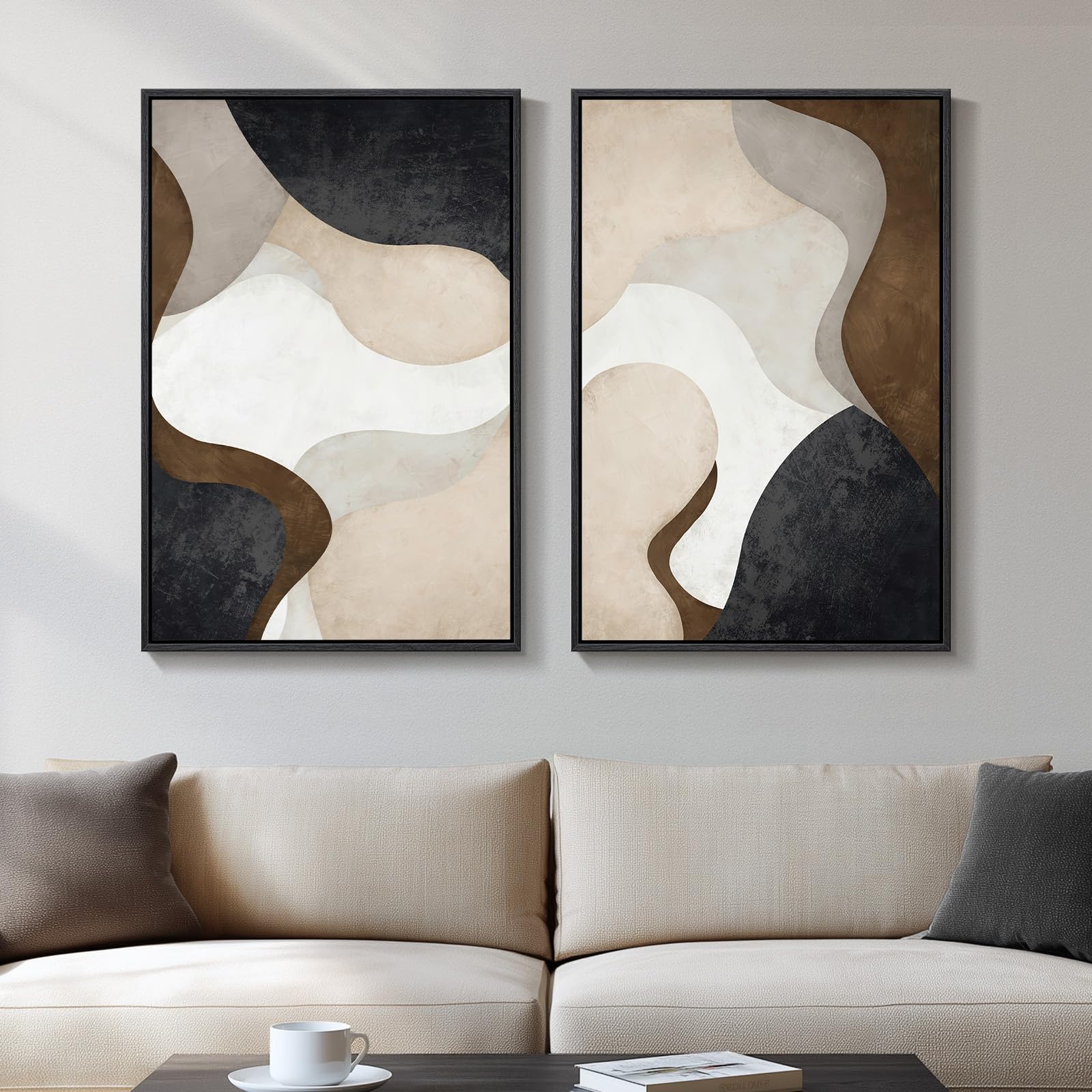 24x36 Inch 2-Piece Framed Black Beige Abstract Canvas Prints, Minimalist Black White Wall Art Decor for Living Room, Dining, Hallway & Bedroom