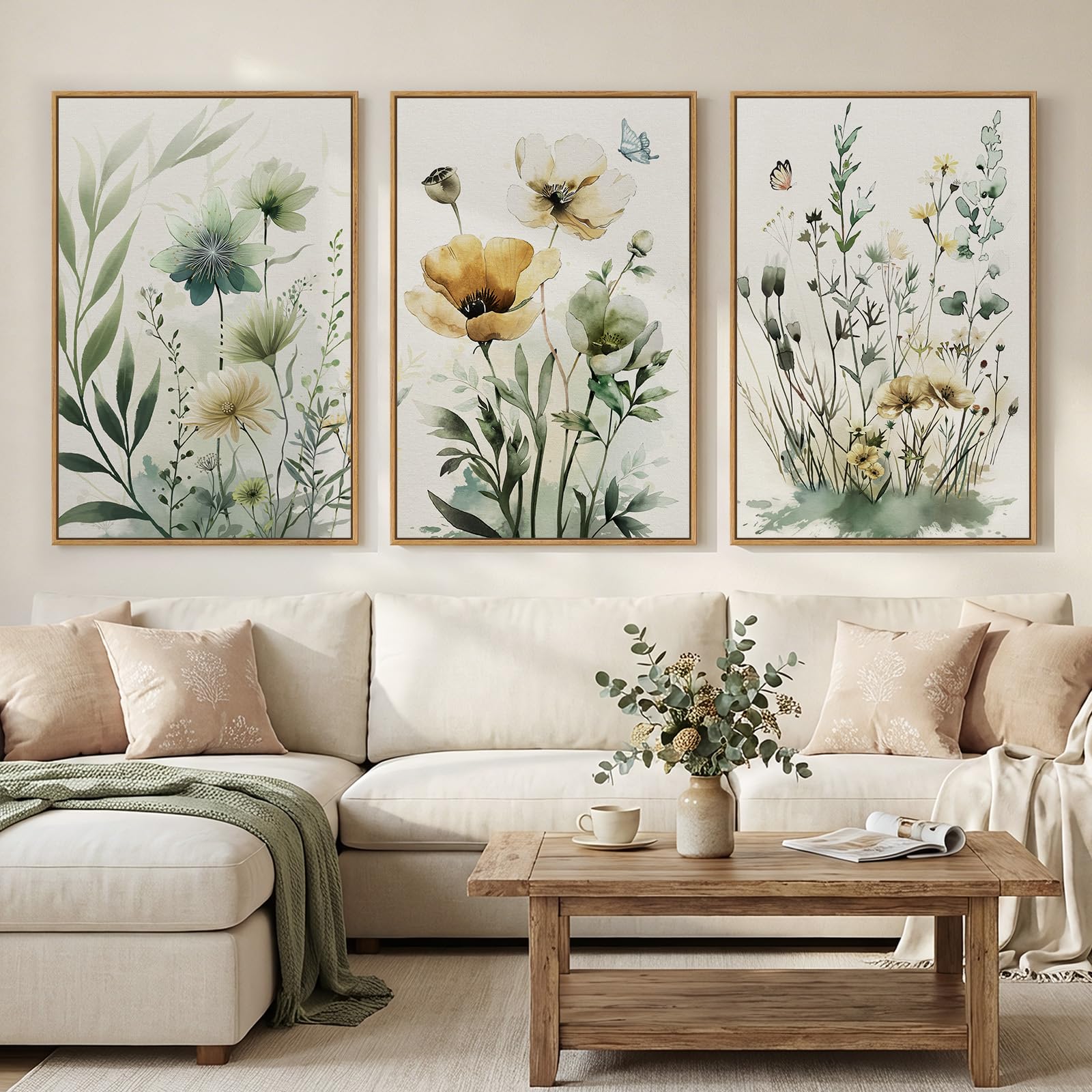 Framed Abstract Sage Green 3 Piece Wall Art for Living Room, Modern Neutral Waves Botanical Canvas Artwork for Walls, Minimalist Wabi Sabi Rustic Nature Print Wall Decor for Bedroom Office, 16x24 Inch