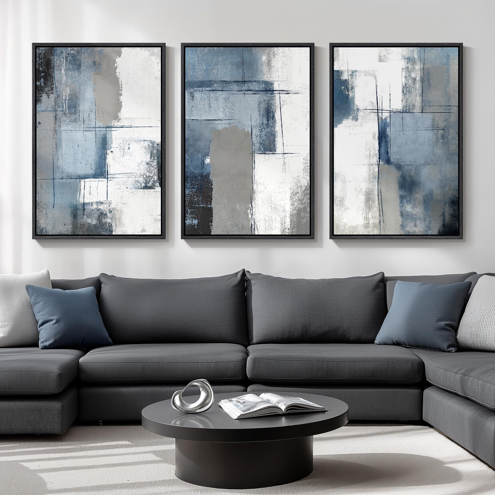Large Framed Blue and Neutral Abstract Wall Art for Living Room, 3 Piece Modern Canvas Prints Paintings Artwork for Walls, Minimalist Pictures for Bedroom Dining Room Hallway Wall Decor 24x36 Inch