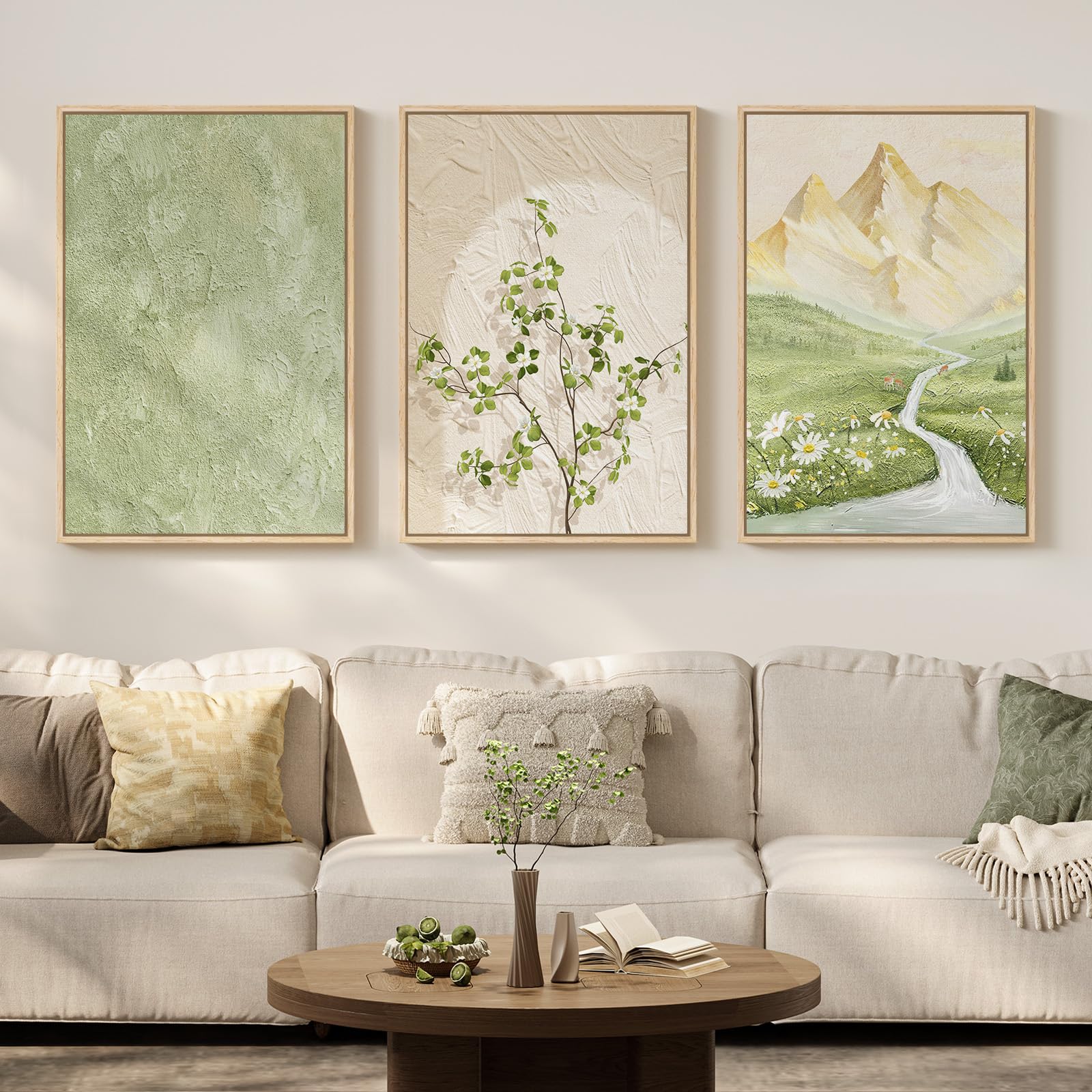 Large Framed Neutral Abstract Landscape Set of 3 Living Room Wall Art, Modern Misty Pine Forest Canvas Artwork for Walls, Beige Rustic Farmhouse Nature Wall Decor for Bedroom Hallway Office, 24x36 In
