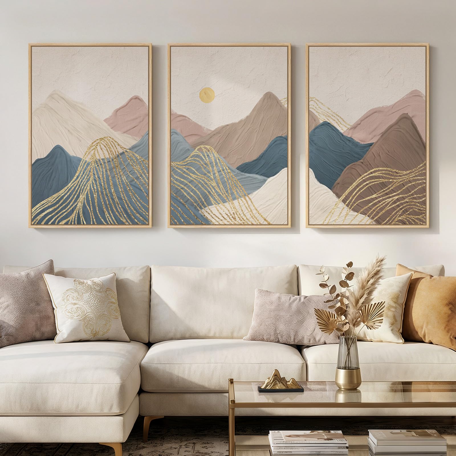 Large Framed Neutral Abstract Landscape Set of 3 Living Room Wall Art, Modern Misty Pine Forest Canvas Artwork for Walls, Beige Rustic Farmhouse Nature Wall Decor for Bedroom Hallway Office, 24x36 In