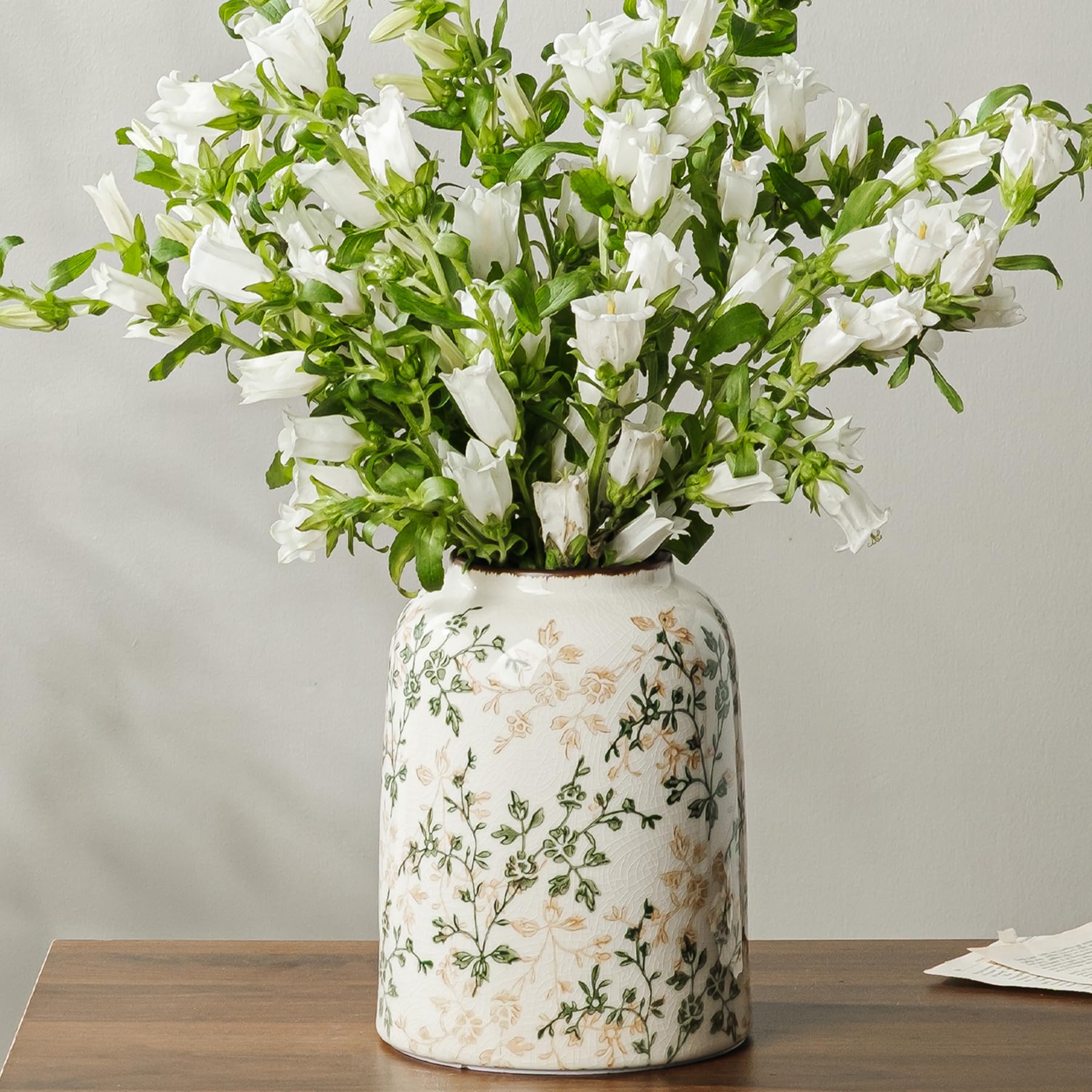 Ceramic Flower Vases Set of 3 | Green Rustic Farmhouse Vase Set for Home Decor, Vintage Floral Decorative Vase for Living Room & Kitchen, Mantel & Bookshelf, Centerpieces, Entryway(5.7+5.9+7.1Inch)