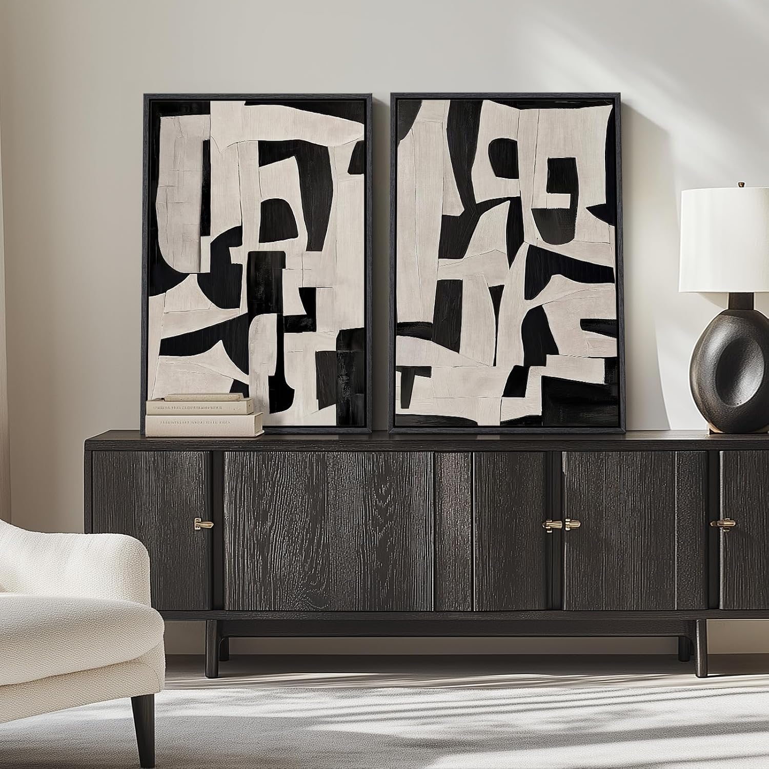 24x36 Inch 2-Piece Framed Black Beige Abstract Canvas Prints, Minimalist Black White Wall Art Decor for Living Room, Dining, Hallway & Bedroom