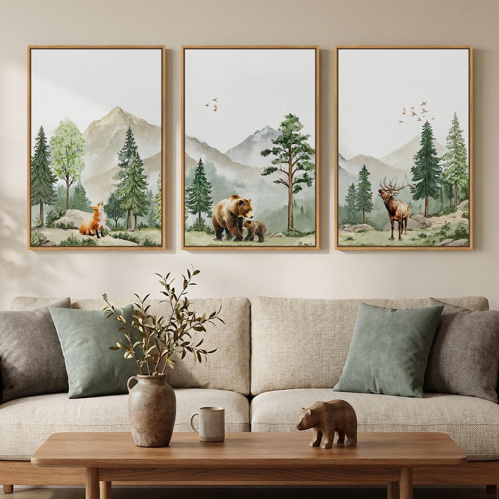 Large Framed Neutral Abstract Landscape Set of 3 Living Room Wall Art, Modern Misty Pine Forest Canvas Artwork for Walls, Beige Rustic Farmhouse Nature Wall Decor for Bedroom Hallway Office, 24x36 In