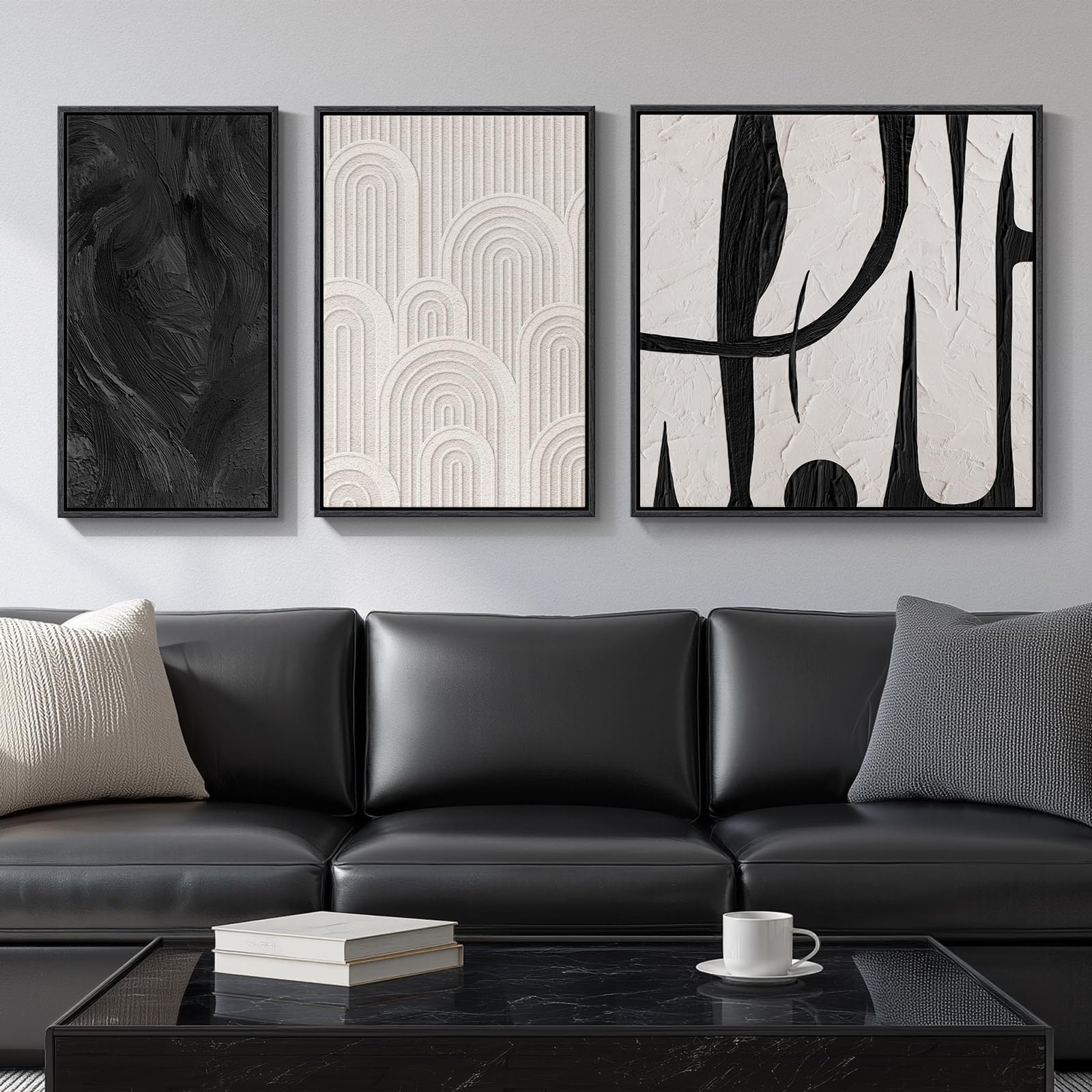 Framed Black and White Abstract Wall Art for Living Room, 3 Piece Canvas Prints Paintings Artwork for Walls, Modern Minimalist Abstract Pictures for Bedroom, Dining Room, Office Wall Decor