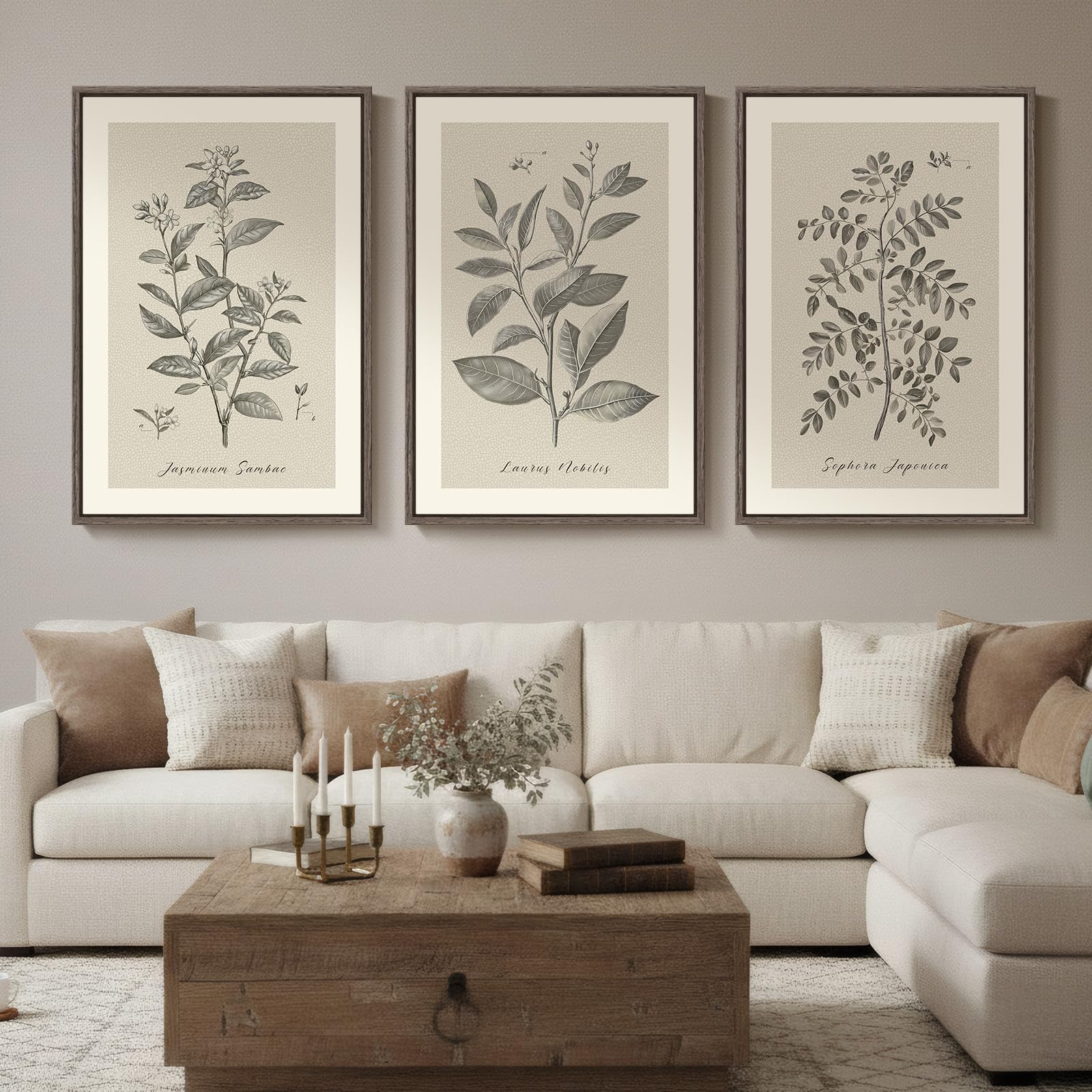 Framed Abstract Sage Green 3 Piece Wall Art for Living Room, Modern Neutral Waves Botanical Canvas Artwork for Walls, Minimalist Wabi Sabi Rustic Nature Print Wall Decor for Bedroom Office, 16x24 Inch
