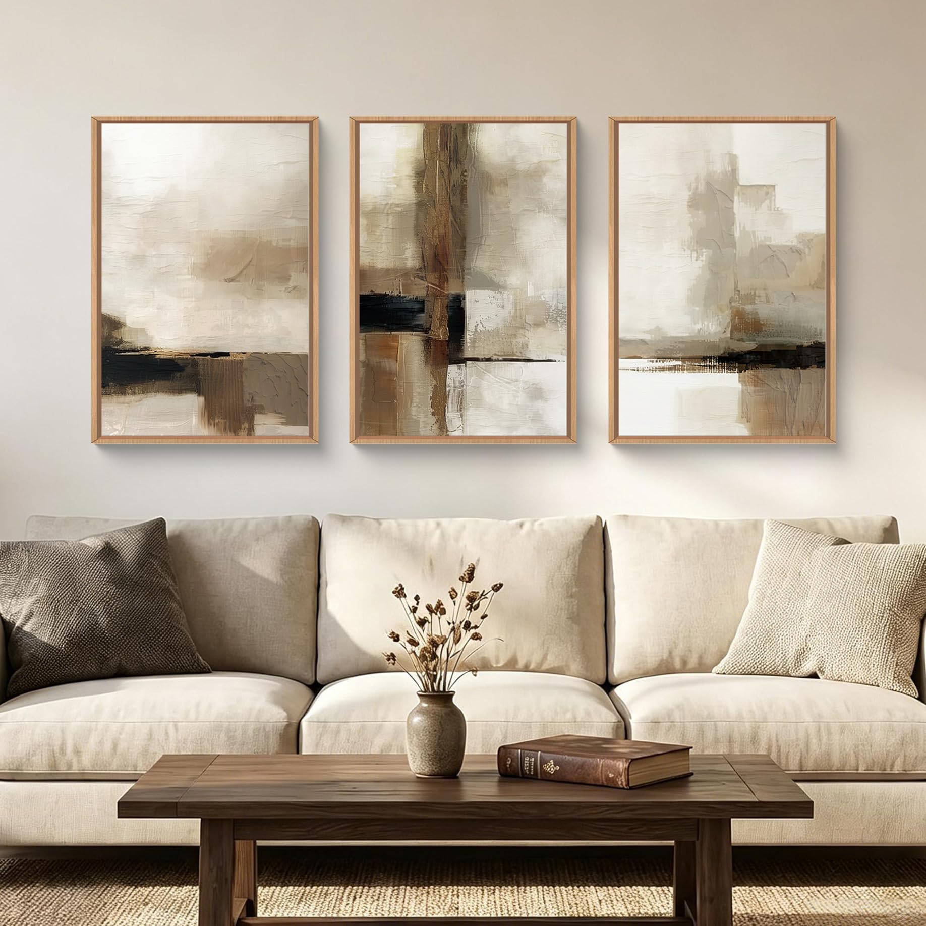 HOURIA Abstract Neutral Vintage Earth Tone Framed Canvas Wall Art Set,Modern Minimalist Rustic Brown Beige Wall Decor,Wabi Sabi Textured Brushstroke Artwork for Living Room,Bedroom,Farmhouse-24"x36"x3