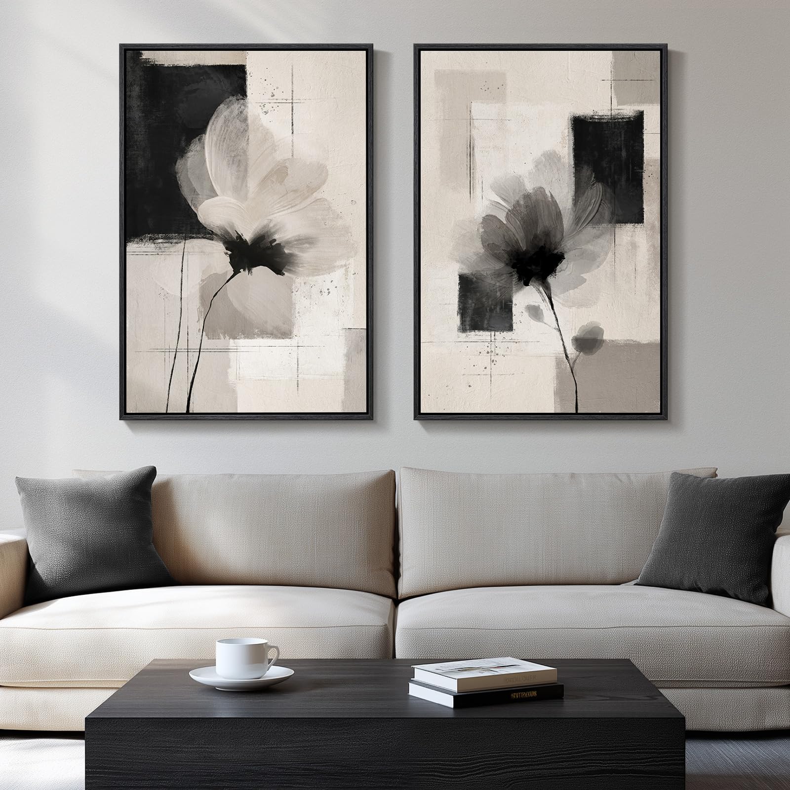 Large Framed Neutral Abstract Wall Art, 2 Piece Modern Canvas Prints Paintings, Beige Gold Abstract Pictures for Living Room Hallway Dining Room Bedroom Office Wall Decor 24x36 In