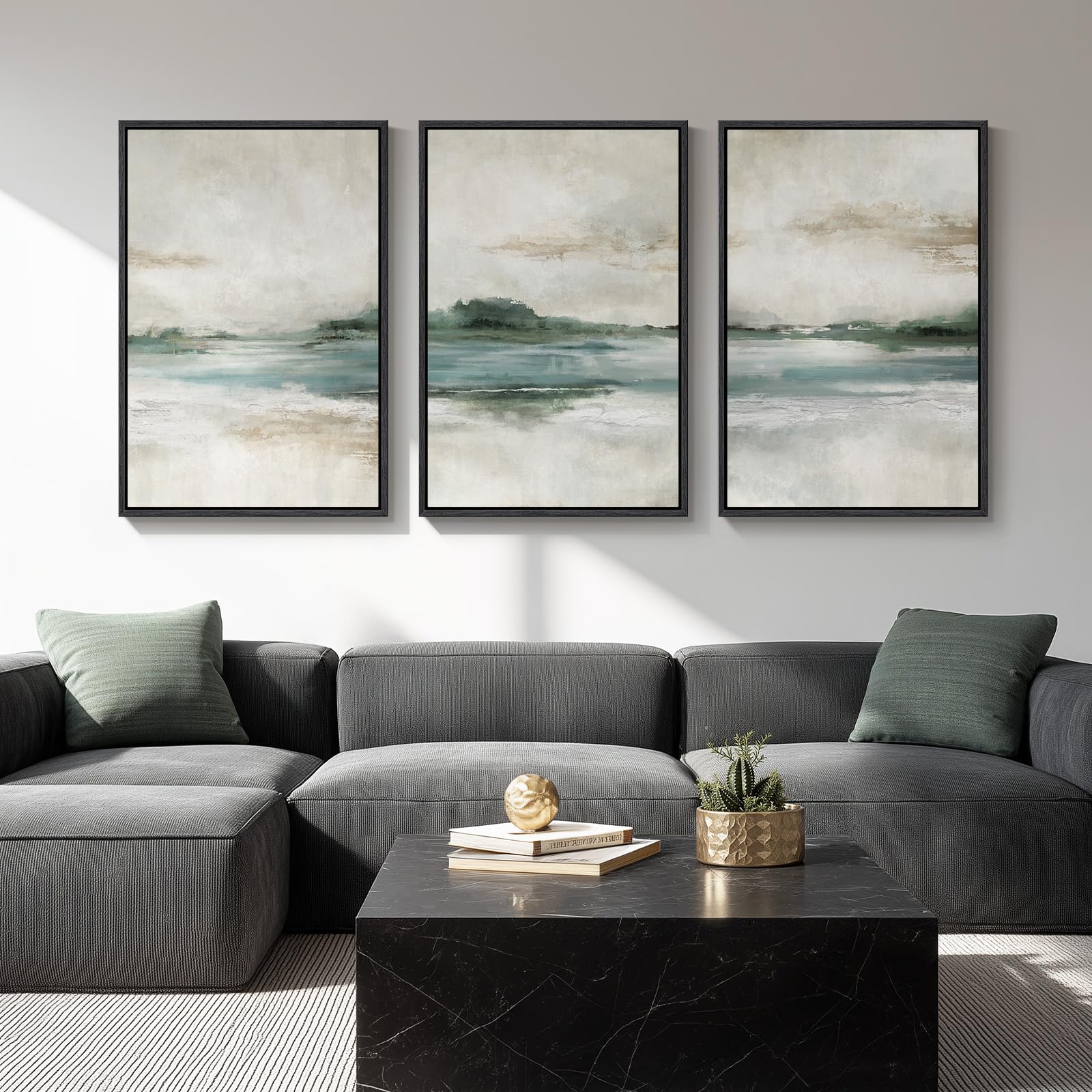 Large Framed Blue and Neutral Abstract Wall Art for Living Room, 3 Piece Modern Canvas Prints Paintings Artwork for Walls, Minimalist Pictures for Bedroom Dining Room Hallway Wall Decor 24x36 Inch