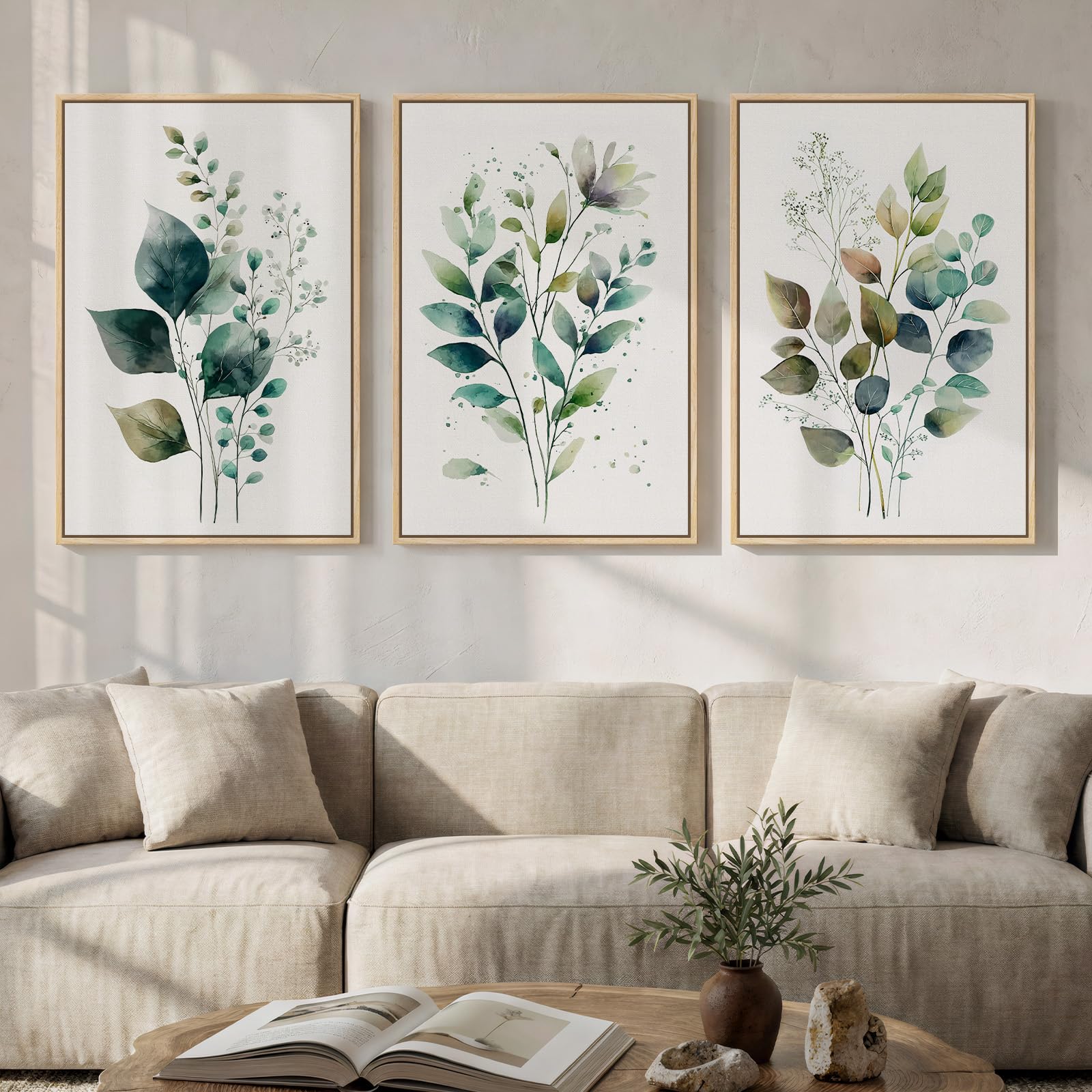 Framed Abstract Sage Green 3 Piece Wall Art for Living Room, Modern Neutral Waves Botanical Canvas Artwork for Walls, Minimalist Wabi Sabi Rustic Nature Print Wall Decor for Bedroom Office, 16x24 Inch