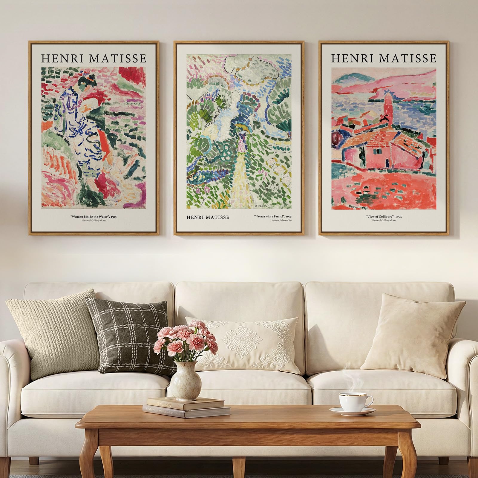 Large Framed Matisse Wall Art for Living room, 3 Piece Colorful Abstract Canvas Artwork for Walls, Retro Vintage Big Matisse Famous Landscape Paintings Prints Pictures for Hallway Home Office 24x36