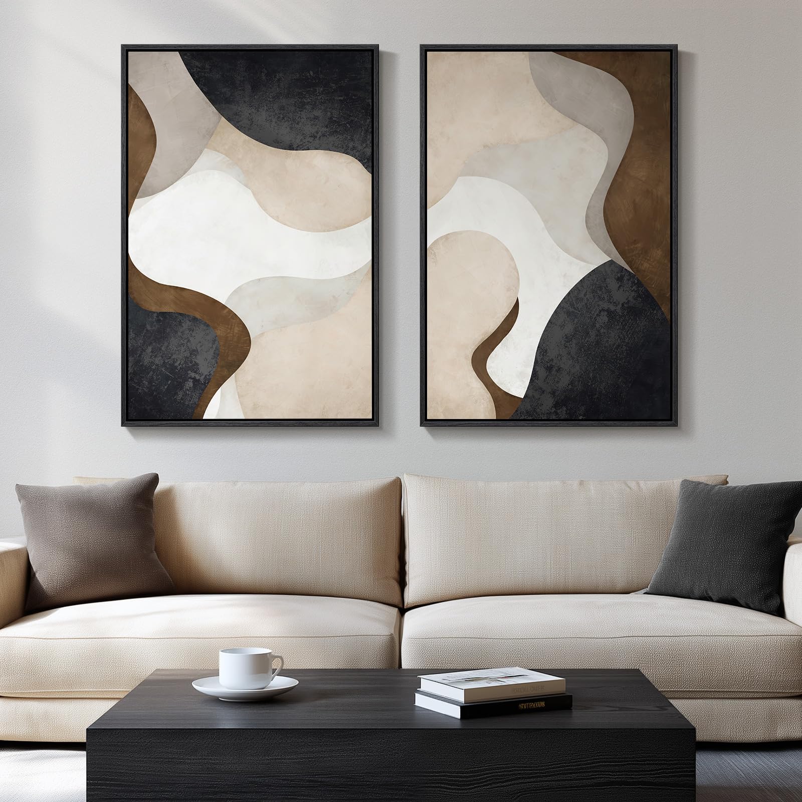 24x36 Inch 2-Piece Framed Black Beige Abstract Canvas Prints, Minimalist Black White Wall Art Decor for Living Room, Dining, Hallway & Bedroom