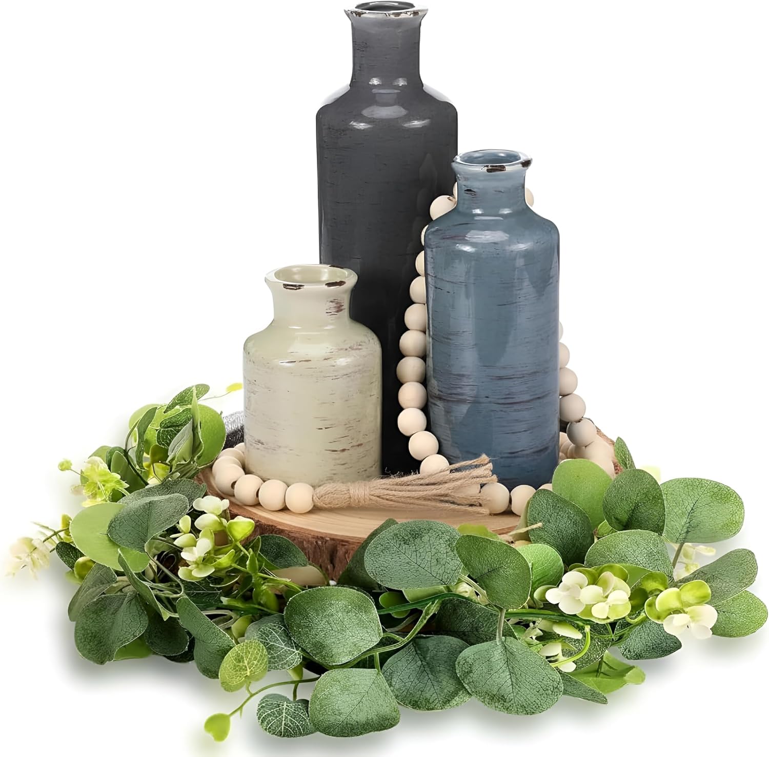 Geelin 6 Pcs Rustic Table Centerpieces, Set of 3 Boho Ceramic Vases, Wooden Serving Tray, Modern Farmhouse Wood Beads Garland Tassel, Artificial Greenery for Home Coffee Tabletop Decor(Morandi)