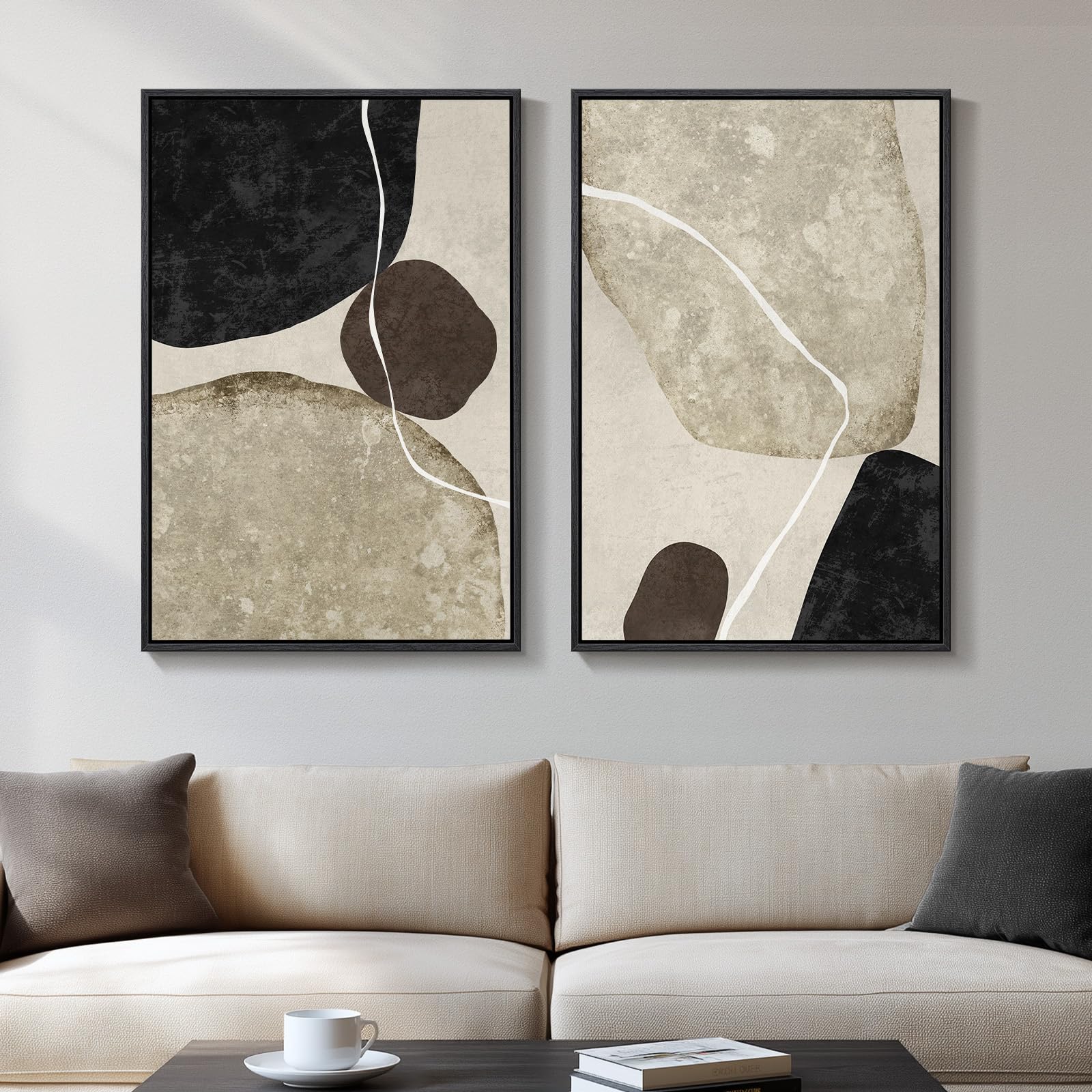 Large Framed Neutral Abstract Wall Art, 2 Piece Modern Canvas Prints Paintings, Beige Gold Abstract Pictures for Living Room Hallway Dining Room Bedroom Office Wall Decor 24x36 In