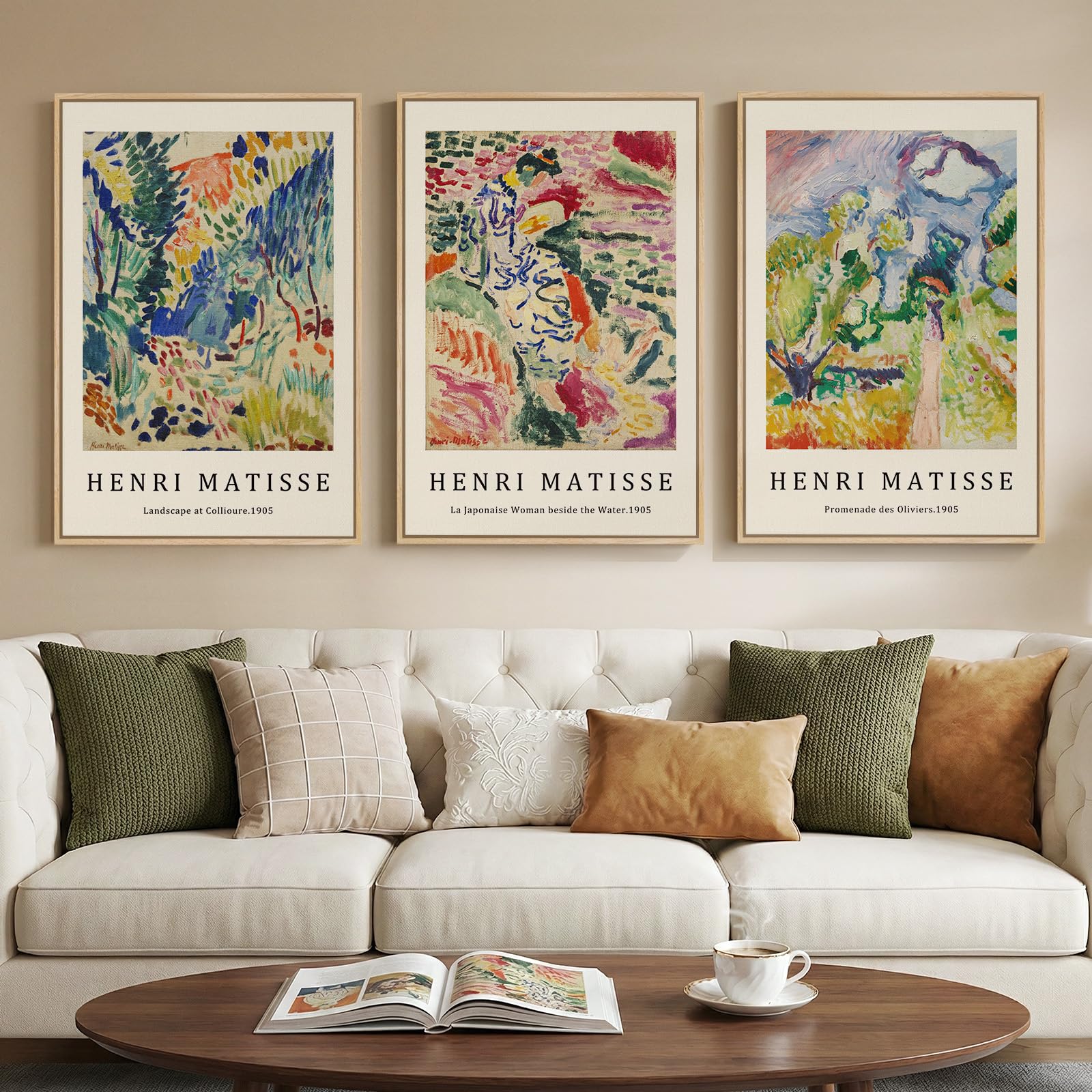 Large Framed Matisse Wall Art for Living room, 3 Piece Colorful Abstract Canvas Artwork for Walls, Retro Vintage Big Matisse Famous Landscape Paintings Prints Pictures for Hallway Home Office 24x36