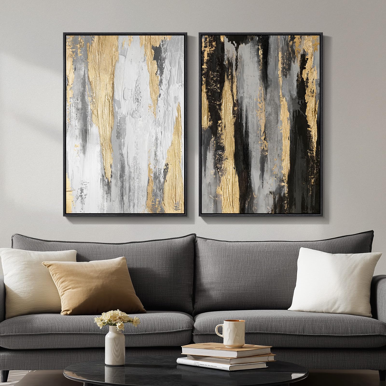 Large Framed Neutral Abstract Wall Art, 2 Piece Modern Canvas Prints Paintings, Beige Gold Abstract Pictures for Living Room Hallway Dining Room Bedroom Office Wall Decor 24x36 In