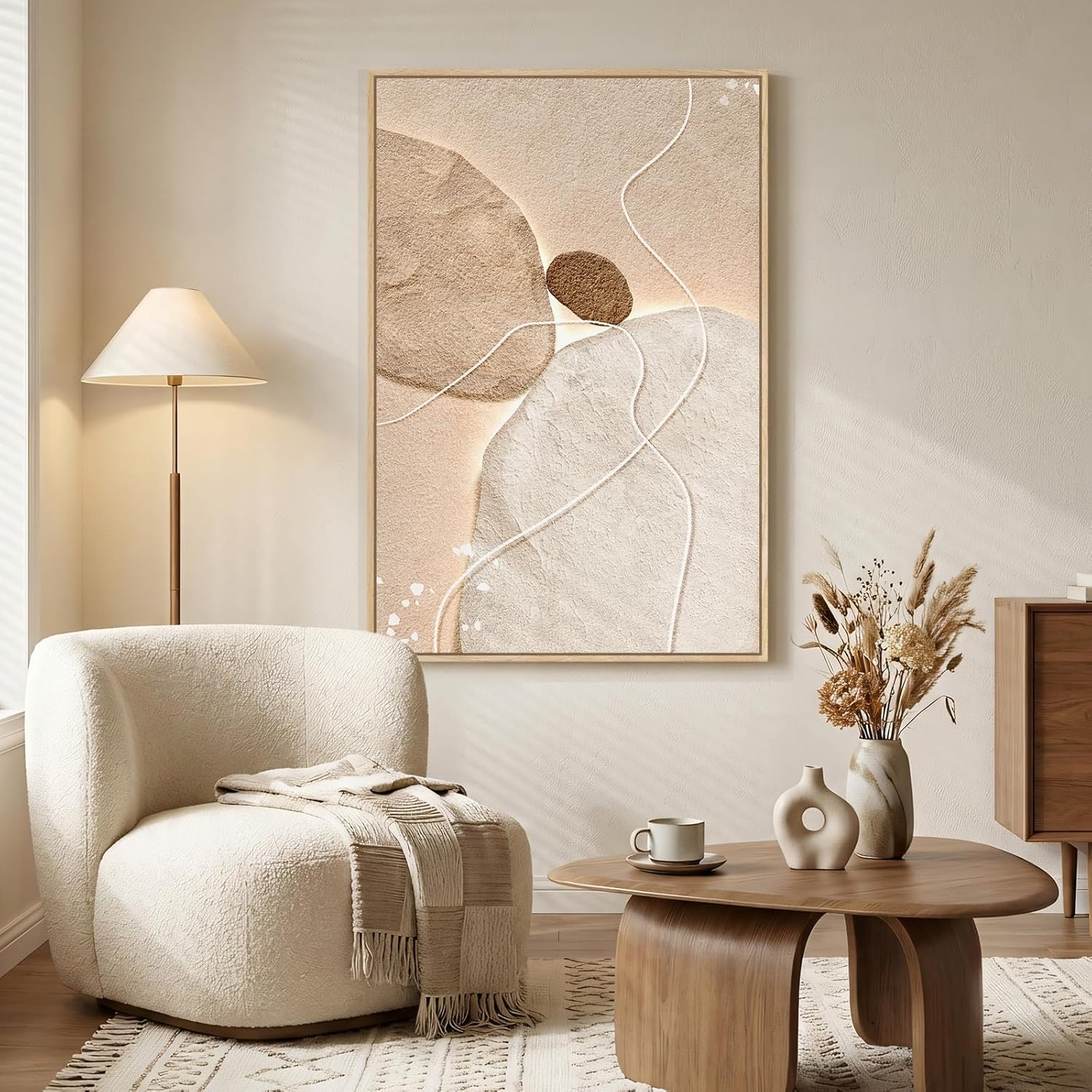 Large Framed Neutral Abstract Wall Art, Modern Beige Brown Canvas Prints Paintings, Minimalist Stone Shape Line Pictures Artwork Decor for Living Room Dining Bedroom Entryway 24x36 Inch