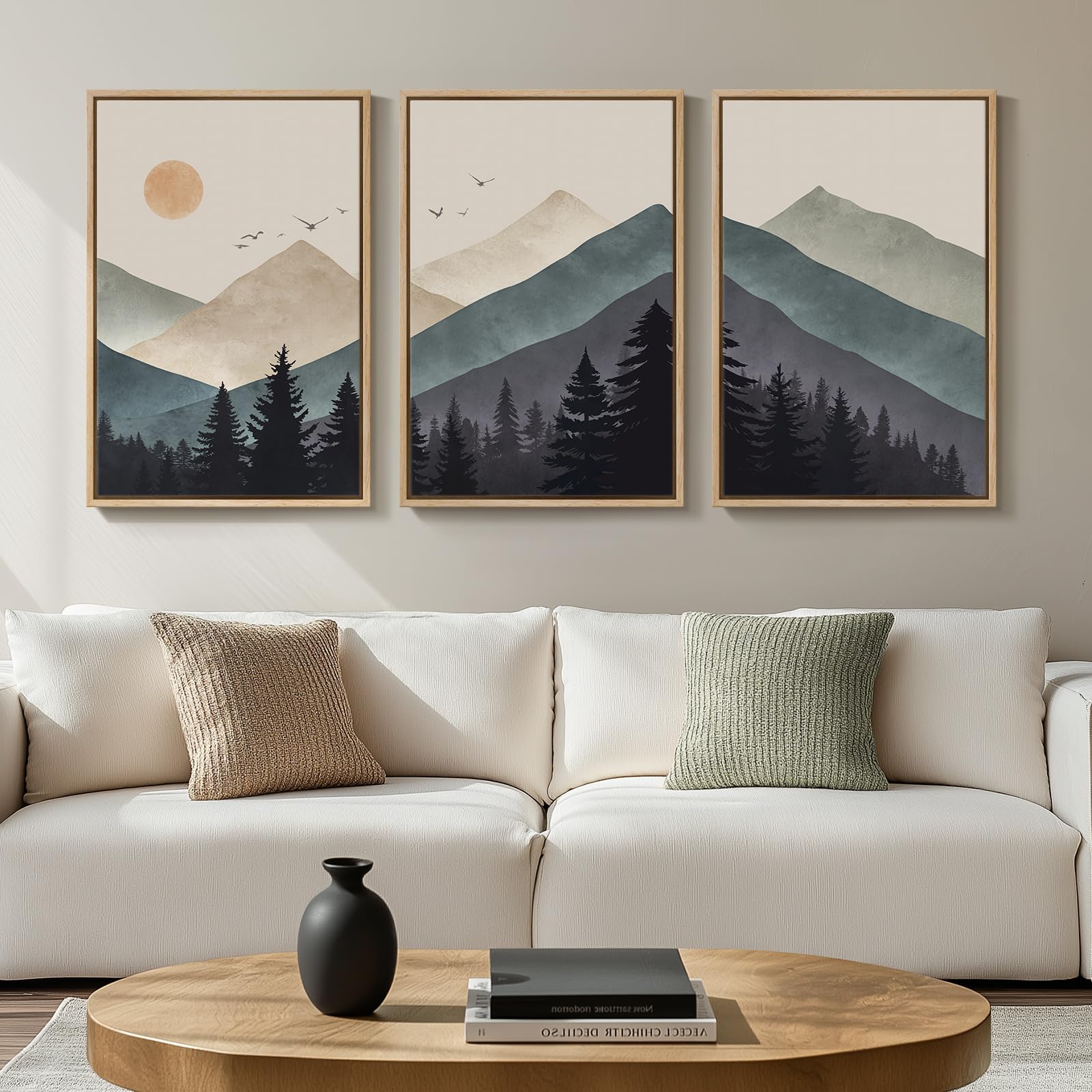 Large Framed Neutral Abstract Landscape Set of 3 Living Room Wall Art, Modern Misty Pine Forest Canvas Artwork for Walls, Beige Rustic Farmhouse Nature Wall Decor for Bedroom Hallway Office, 24x36 In