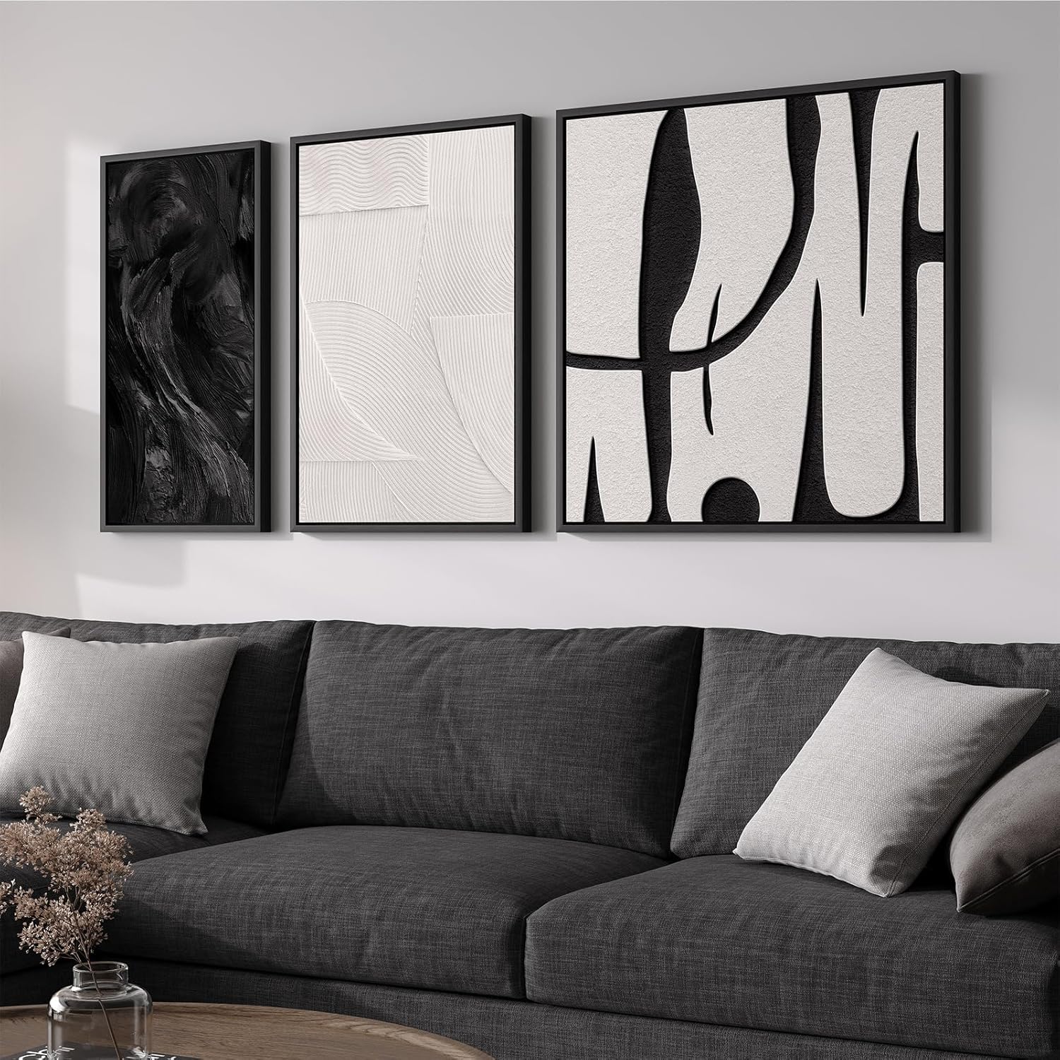Framed Black and White Abstract Wall Art for Living Room, 3 Piece Canvas Prints Paintings Artwork for Walls, Modern Minimalist Abstract Pictures for Bedroom, Dining Room, Office Wall Decor