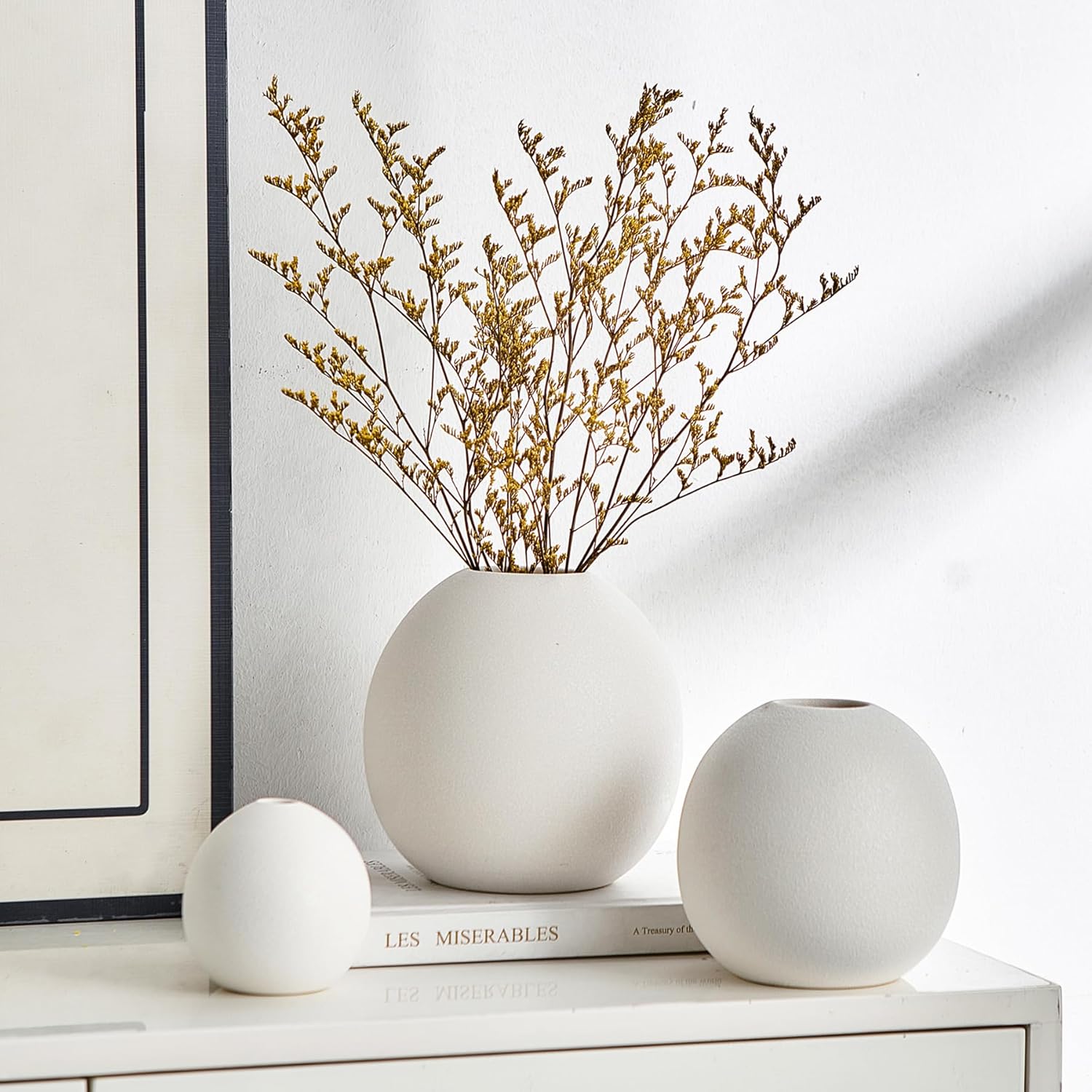 Ceramic Vase Set of 3 for Modern Home Decor, Boho Vase White Round Vase Minimalist Decorative Vase for Table Centerpiece Wedding Dining Living Room Office Entryway Coffee Table Decor