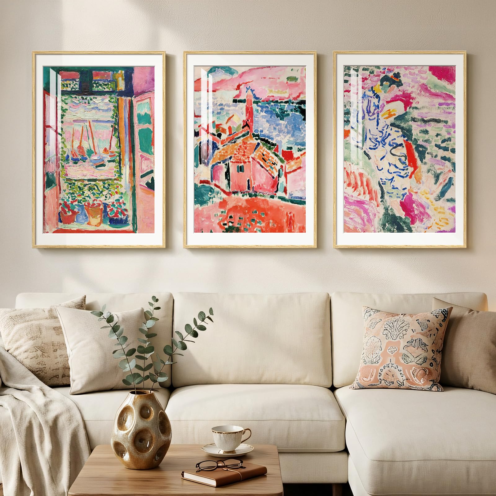 Large Framed Matisse Wall Art for Living room, 3 Piece Colorful Abstract Canvas Artwork for Walls, Retro Vintage Big Matisse Famous Landscape Paintings Prints Pictures for Hallway Home Office 24x36