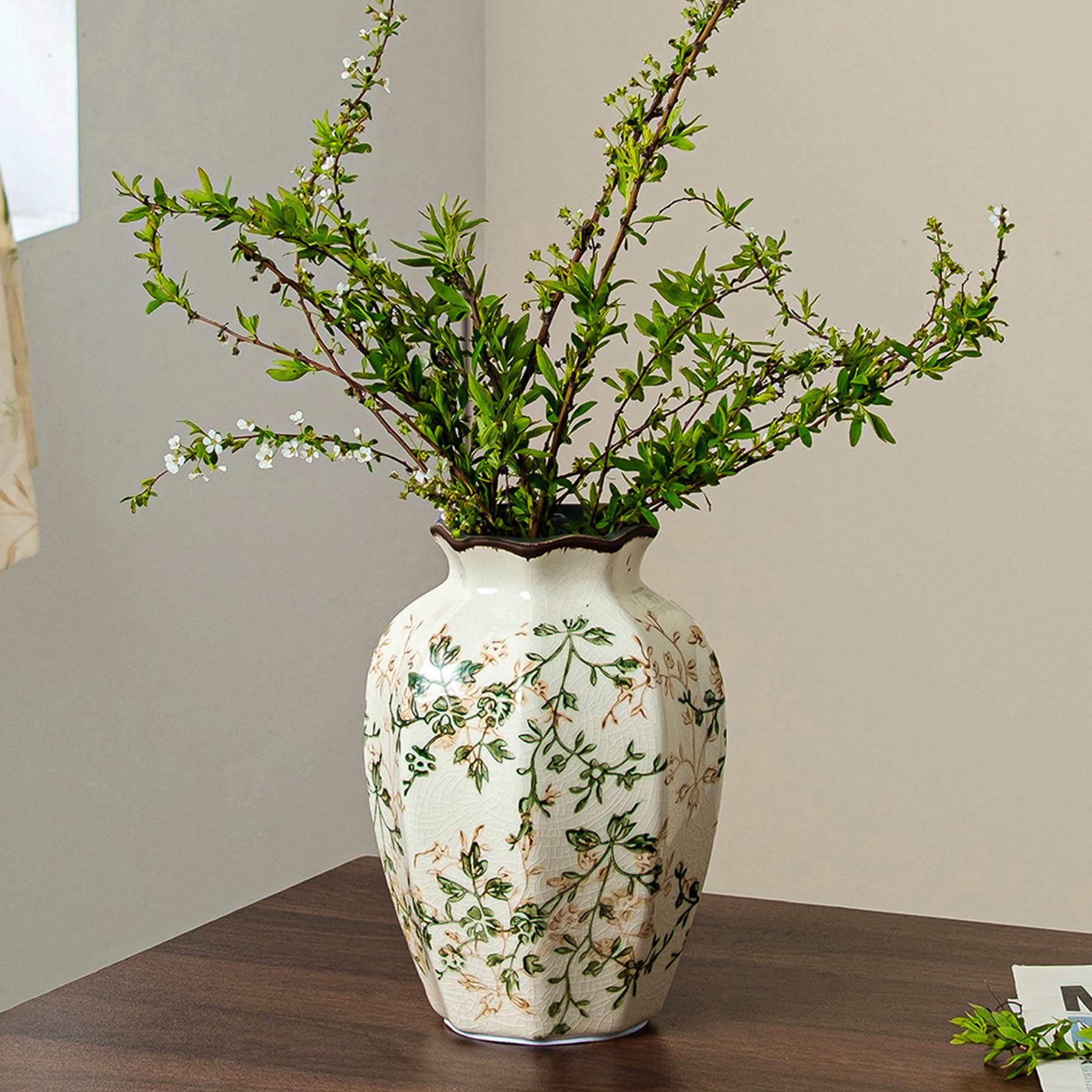 Ceramic Flower Vases Set of 3 | Green Rustic Farmhouse Vase Set for Home Decor, Vintage Floral Decorative Vase for Living Room & Kitchen, Mantel & Bookshelf, Centerpieces, Entryway(5.9+7.9+9.9Inch)