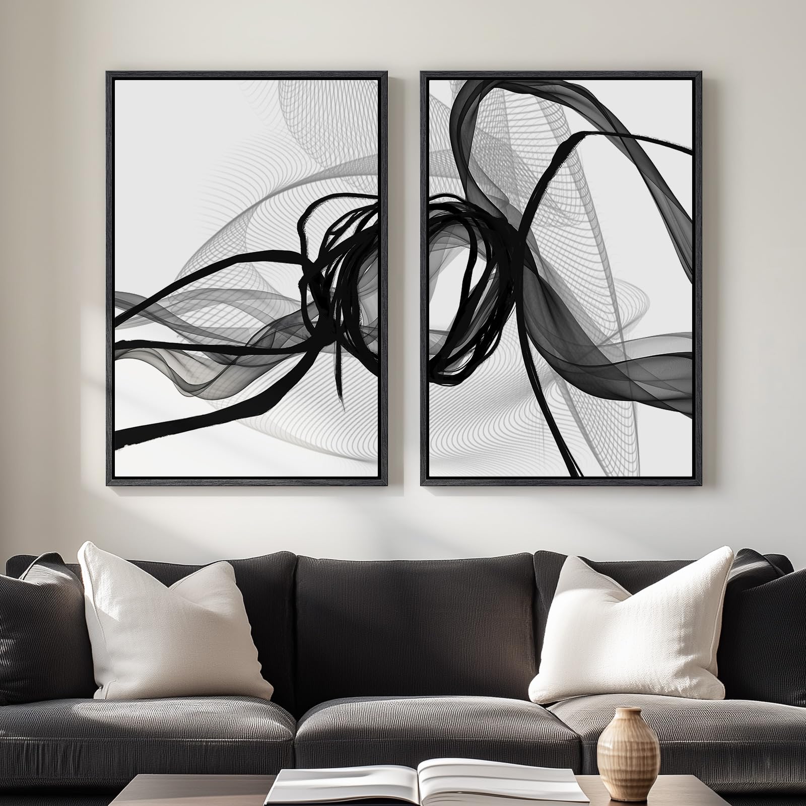 Large Framed Neutral Abstract Wall Art, 2 Piece Modern Canvas Prints Paintings, Beige Gold Abstract Pictures for Living Room Hallway Dining Room Bedroom Office Wall Decor 24x36 In