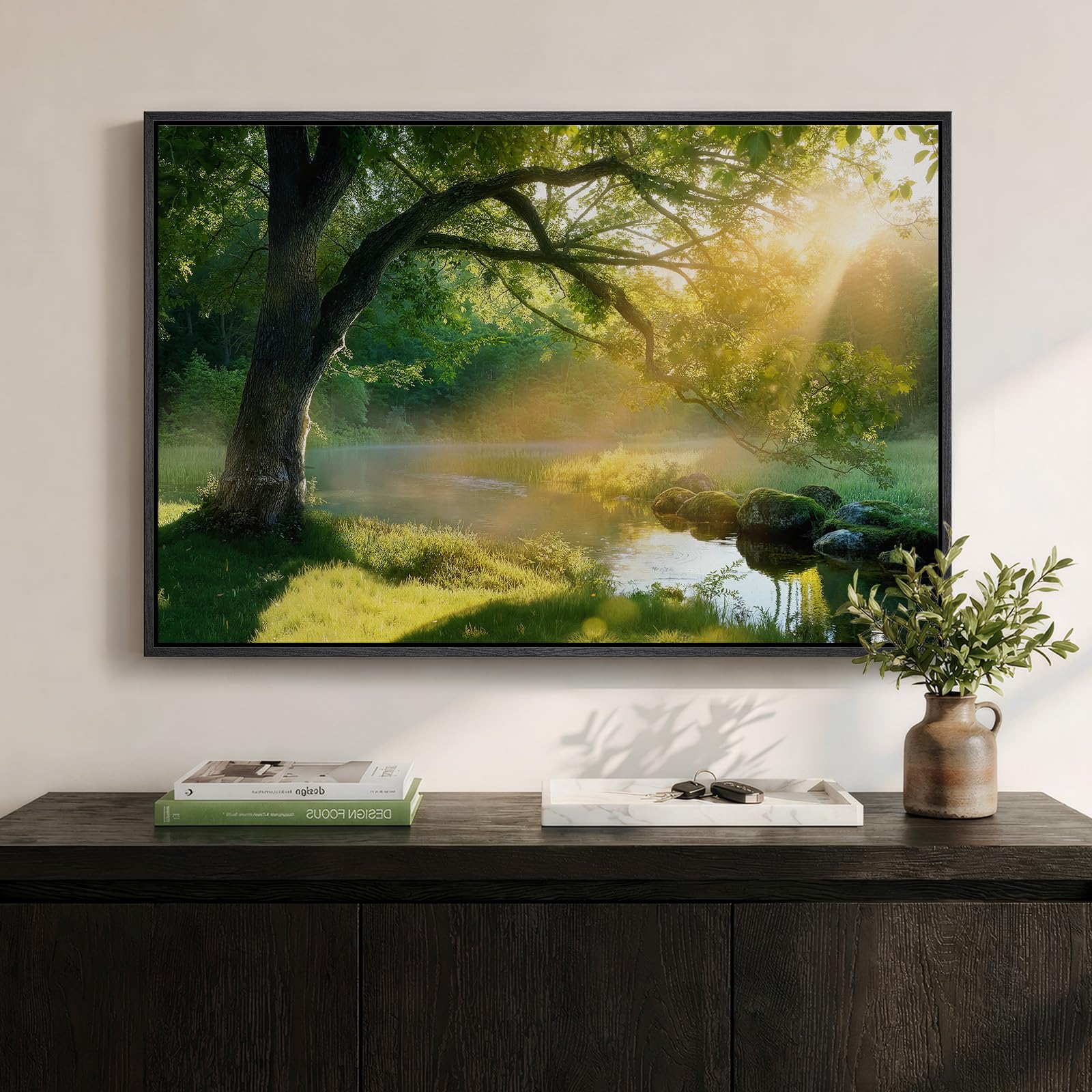Framed Blue Abstract Forest Wall Art, Horizontal Watercolor Canvas Artwork for Walls, Modern Picture Print Wall Decor, Abstract Landscape Artwork for Living Room Bedroom Office Dining Room, 24x36 Inch