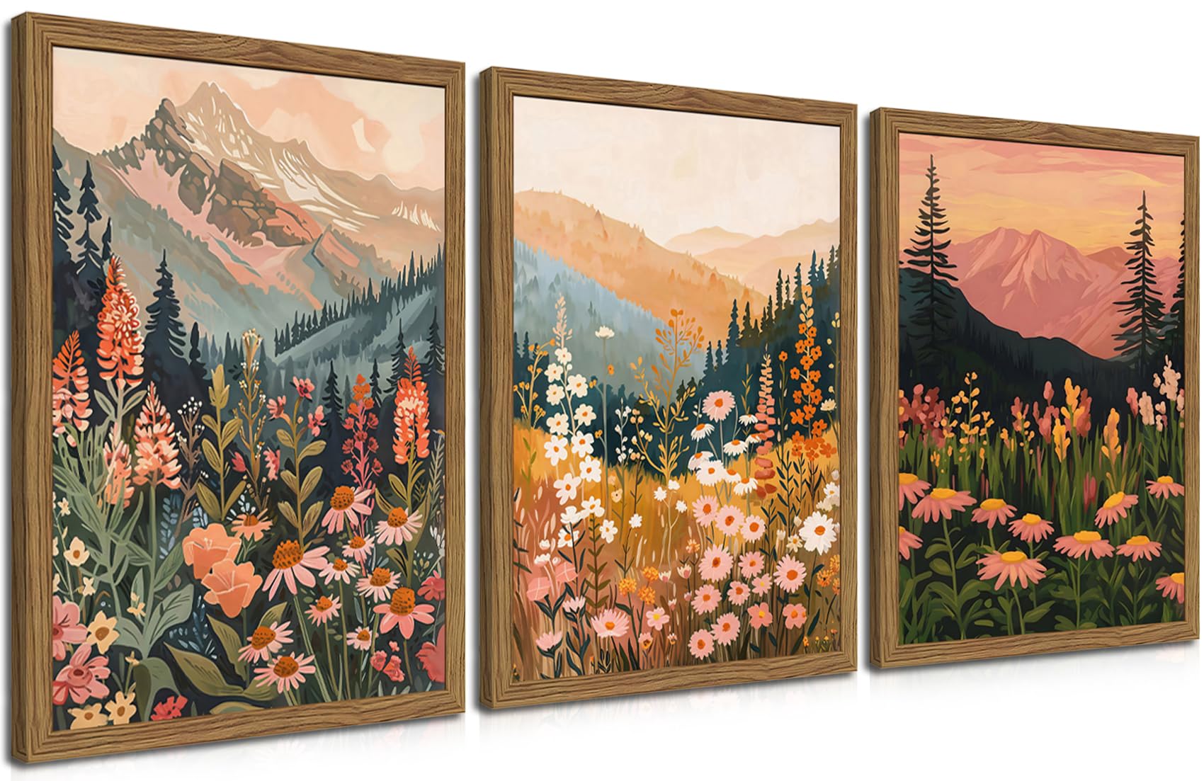 Framed Colorful Floral Wall Art Set of 3, Abstract Scandinavian Flower Canvas Wall Decor Paintings, Mid Century Modern Botanical Artwork Pictures Prints for Living Room Bedroom Dining Room 16x24 Inch