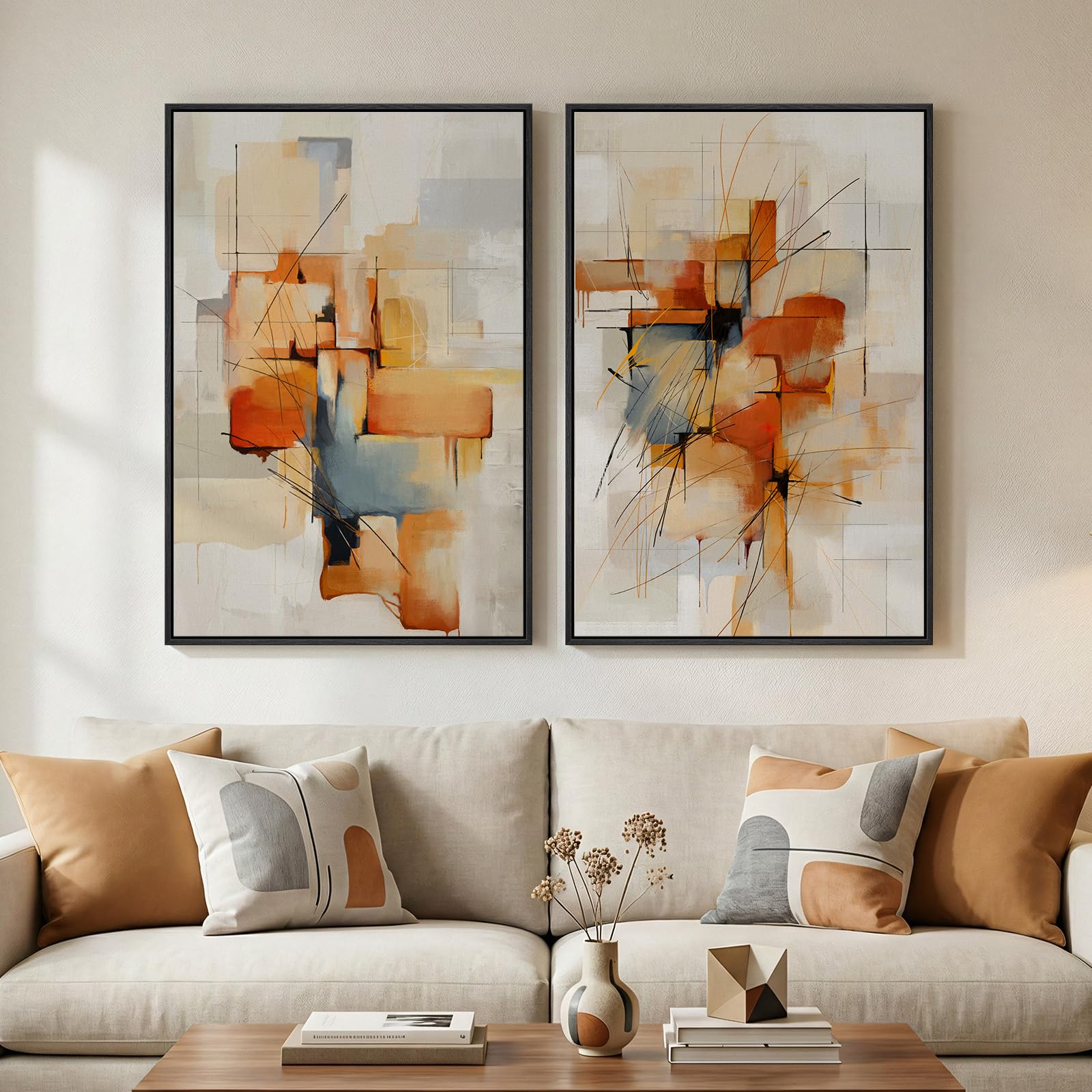 24x36 Inch 2-Piece Framed Black Beige Abstract Canvas Prints, Minimalist Black White Wall Art Decor for Living Room, Dining, Hallway & Bedroom