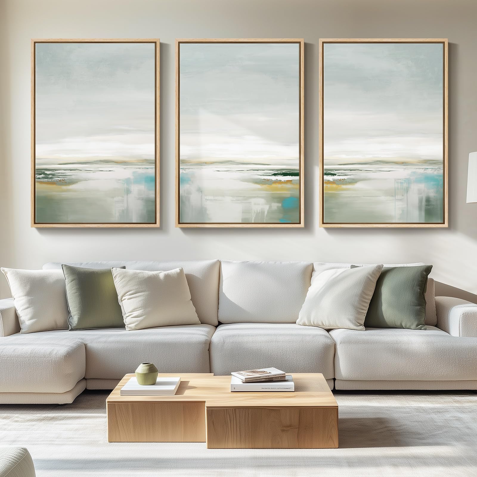 Large Framed Blue and Neutral Abstract Wall Art for Living Room, 3 Piece Modern Canvas Prints Paintings Artwork for Walls, Minimalist Pictures for Bedroom Dining Room Hallway Wall Decor 24x36 Inch