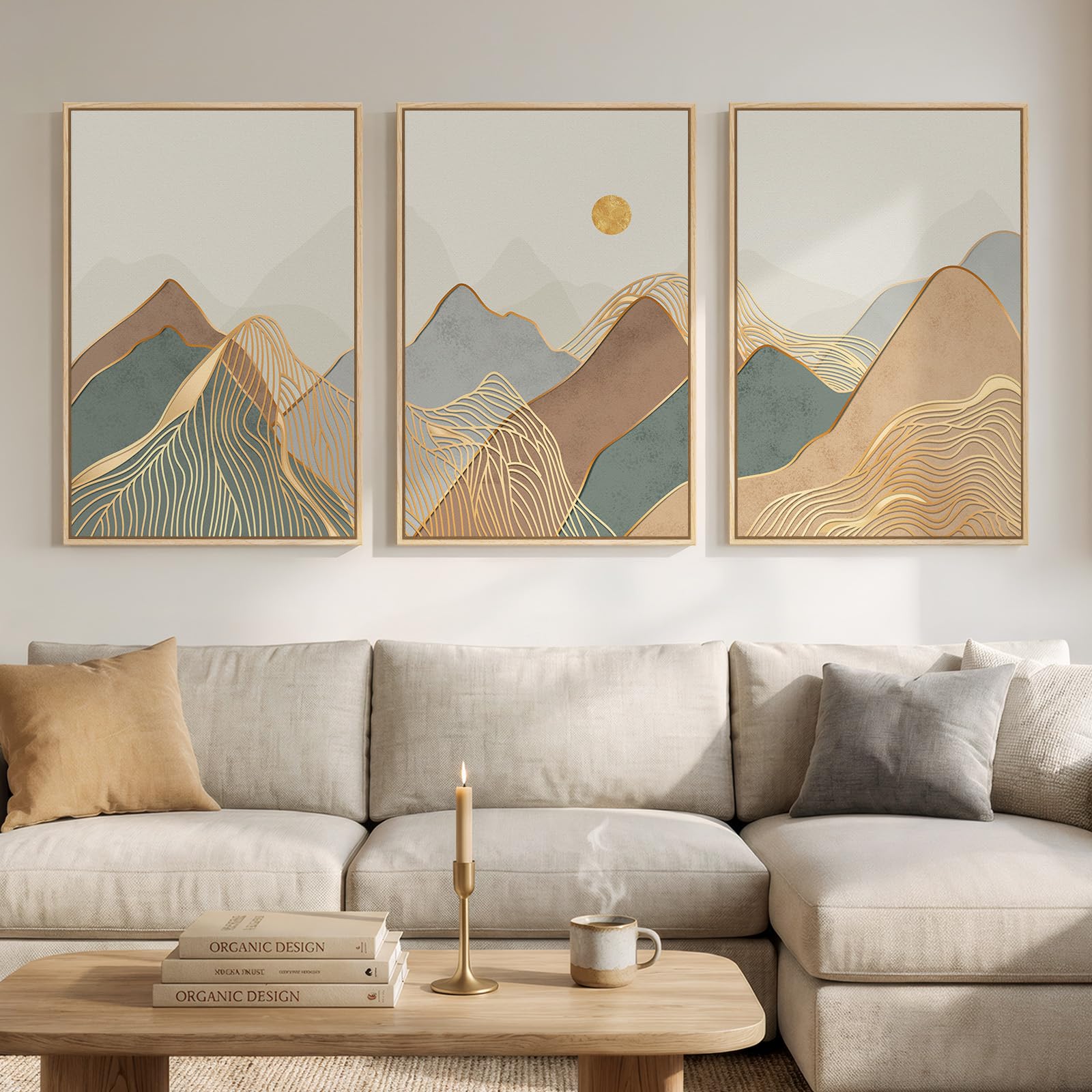 Large Framed Neutral Abstract Landscape Set of 3 Living Room Wall Art, Modern Misty Pine Forest Canvas Artwork for Walls, Beige Rustic Farmhouse Nature Wall Decor for Bedroom Hallway Office, 24x36 In