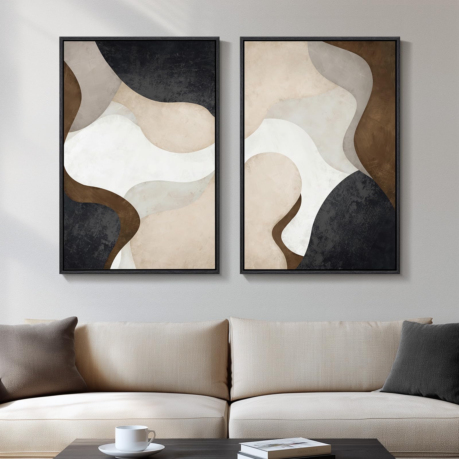 24x36 Inch 2-Piece Framed Black Beige Abstract Canvas Prints, Minimalist Black White Wall Art Decor for Living Room, Dining, Hallway & Bedroom