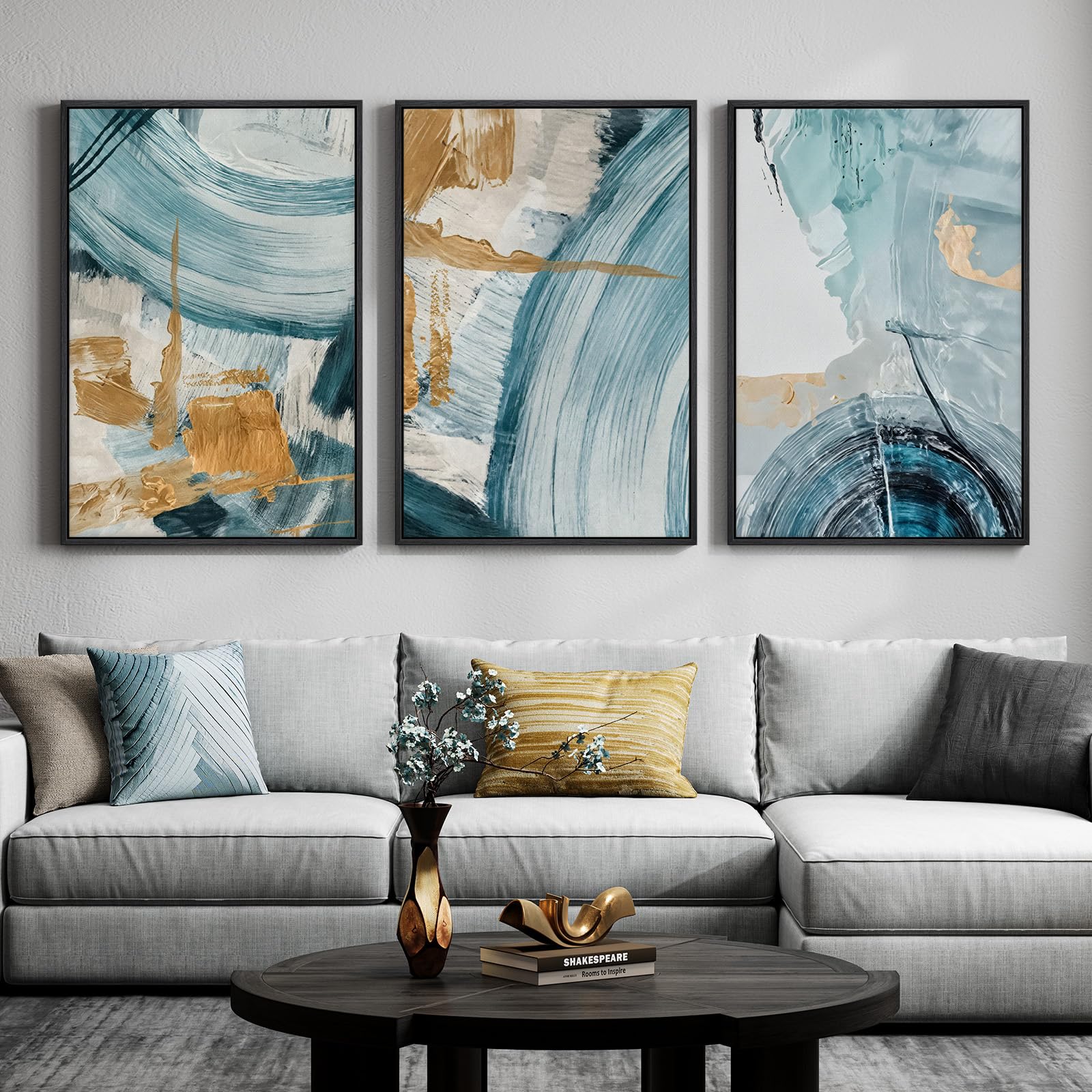 Large Framed Blue and Neutral Abstract Wall Art for Living Room, 3 Piece Modern Canvas Prints Paintings Artwork for Walls, Minimalist Pictures for Bedroom Dining Room Hallway Wall Decor 24x36 Inch