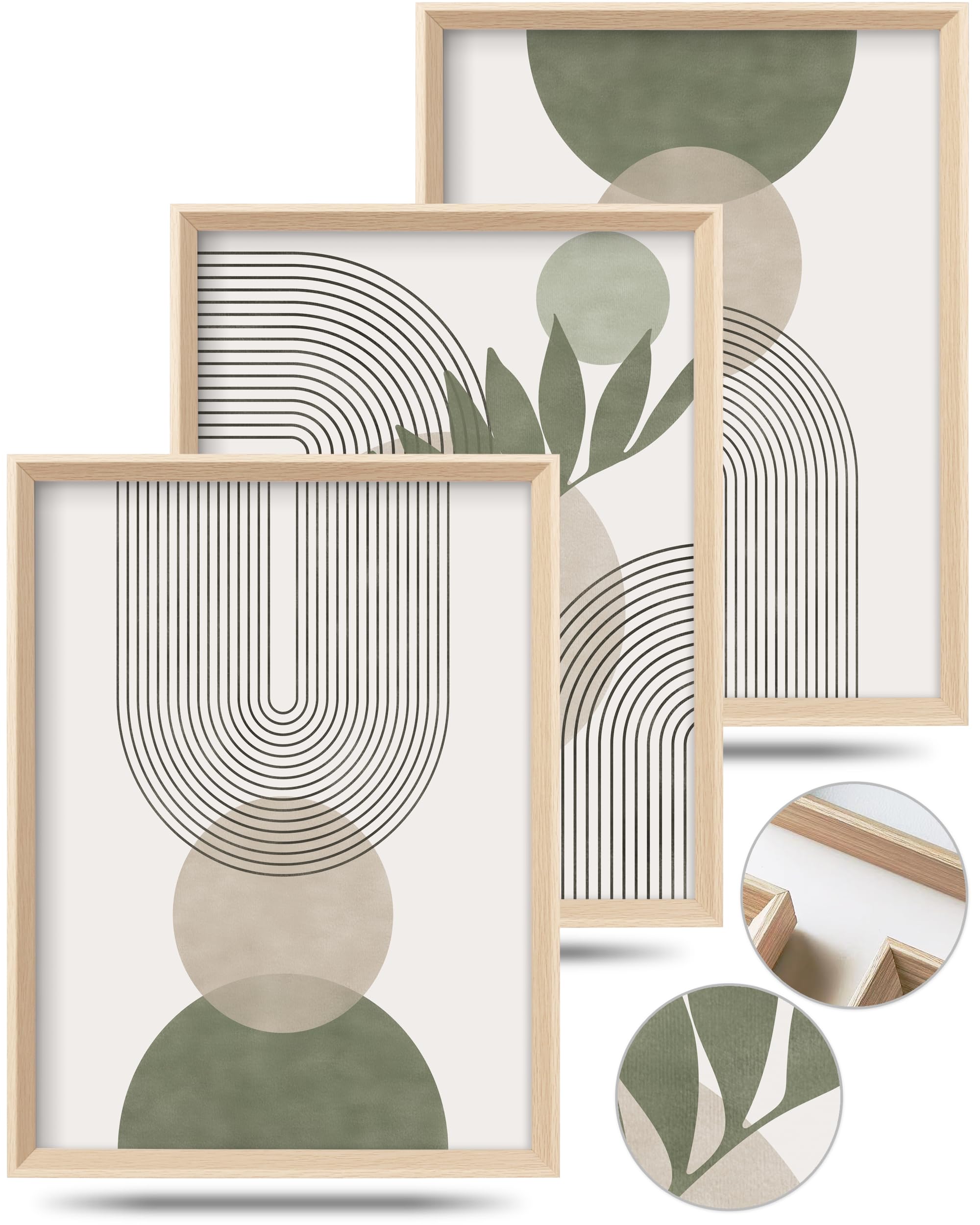 HesenDot Abstract Botanical Wall Art Set of 3, 30x40CM Neutral Plant Framed Canvas Prints, Beige Green Boho Aesthetic Wall Decor for Living Room Bedroom Bathroom Office Home