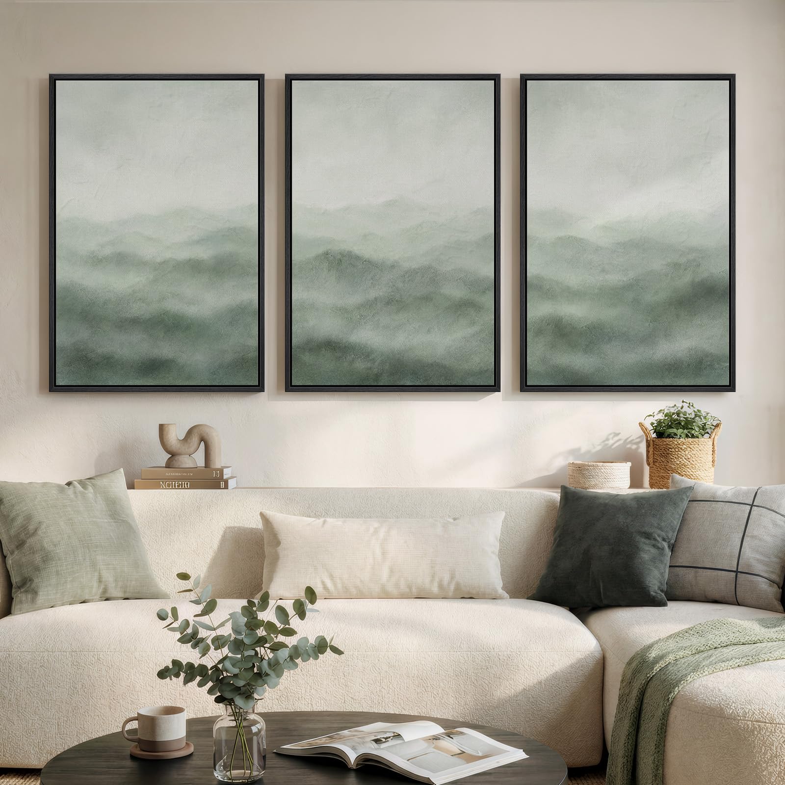Large Framed Blue and Neutral Abstract Wall Art for Living Room, 3 Piece Modern Canvas Prints Paintings Artwork for Walls, Minimalist Pictures for Bedroom Dining Room Hallway Wall Decor 24x36 Inch