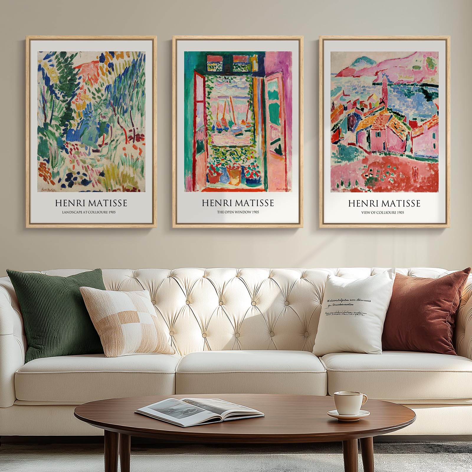 Large Framed Matisse Wall Art for Living room, 3 Piece Colorful Abstract Canvas Artwork for Walls, Retro Vintage Big Matisse Famous Landscape Paintings Prints Pictures for Hallway Home Office 24x36