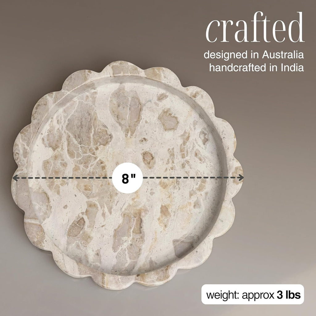 Beige Scalloped Marble Tray - 8 Inch Round Stone Vanity Tray for Perfume & Jewelry, Marble Dish for Bathroom Countertop & Kitchen Counter, Brown Decorative Tray for Bathroom & Kitchen, Modern Catchall