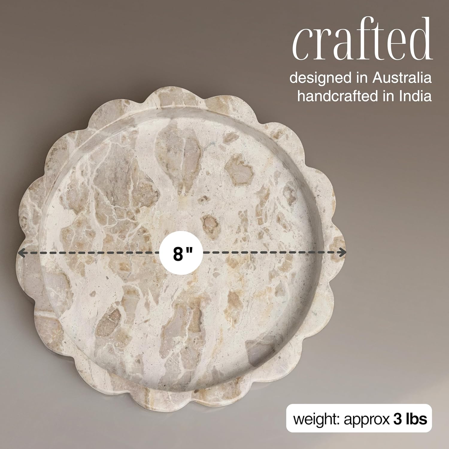 Beige Scalloped Marble Tray - 8 Inch Round Stone Vanity Tray for Perfume & Jewelry, Marble Dish for Bathroom Countertop & Kitchen Counter, Brown Decorative Tray for Bathroom & Kitchen, Modern Catchall