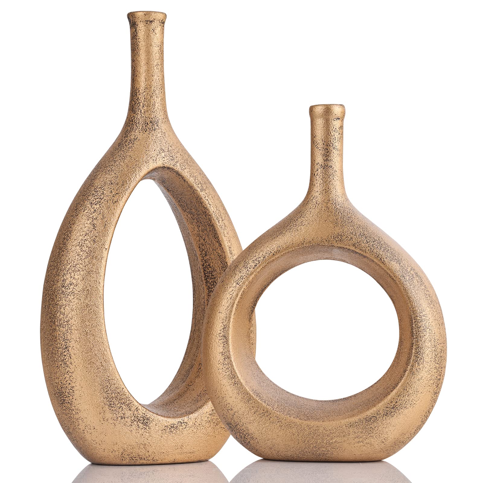 Black and White Ceramic Hollow Elliptical Vase Set of 2 - Boho Circle Vase with Hole, for Modern Black and White Table Decor, Living Room Decor Shelf mid Century Modern Home Entrance Decorative vase