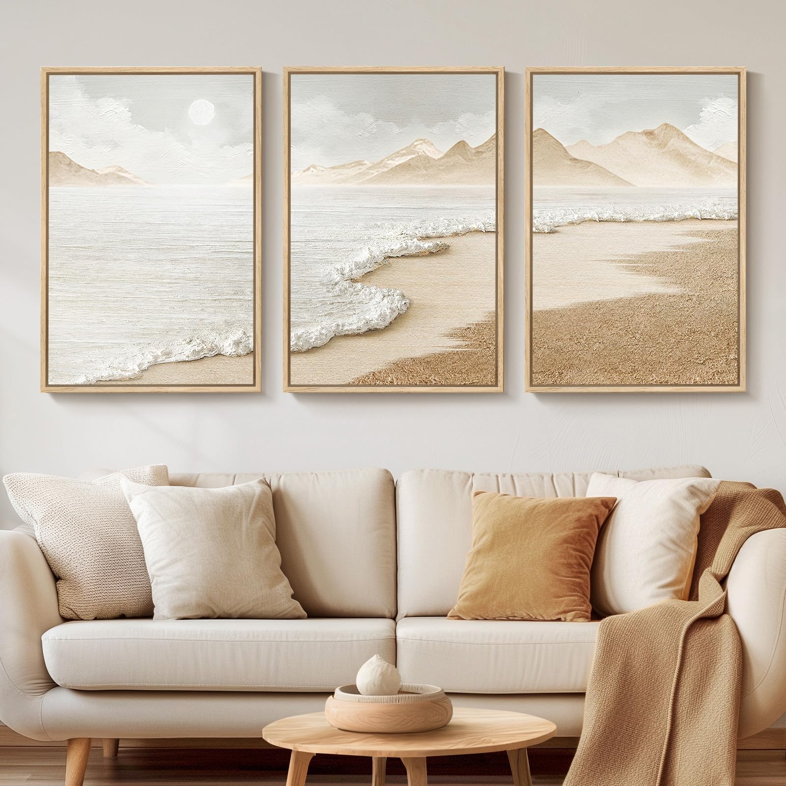 Framed Abstract Coastal Wall Art for Living Room, Large Blue Coastal Landscape Decor, 3 Piece Minimalist Beach Ocean Painting Artwork for Walls, Canvas Prints for Bedroom Hallway Wall Decor, 24x36 In