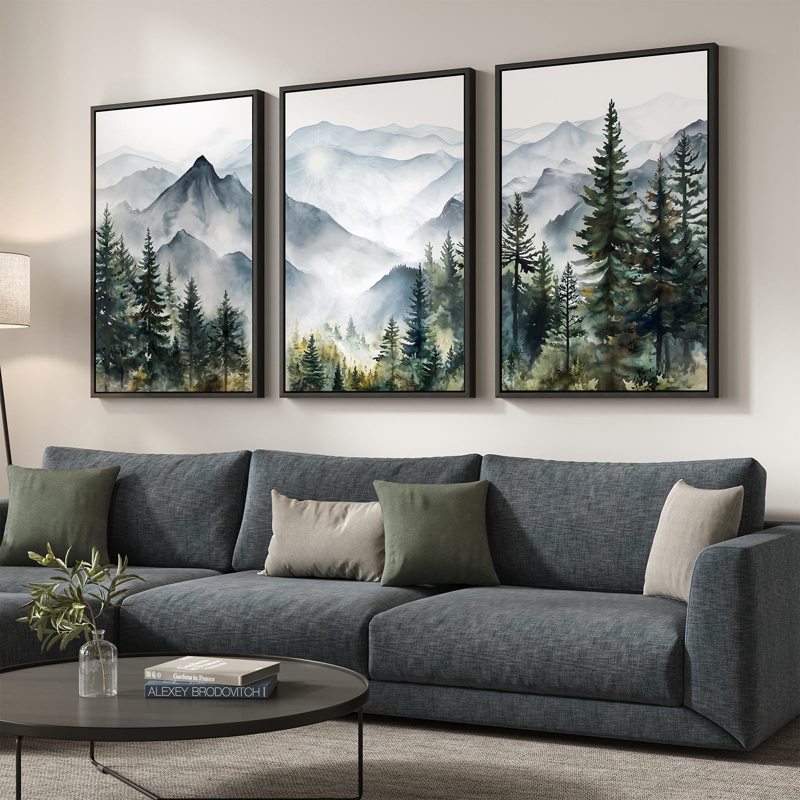 Large Framed Neutral Abstract Landscape Set of 3 Living Room Wall Art, Modern Misty Pine Forest Canvas Artwork for Walls, Beige Rustic Farmhouse Nature Wall Decor for Bedroom Hallway Office, 24x36 In