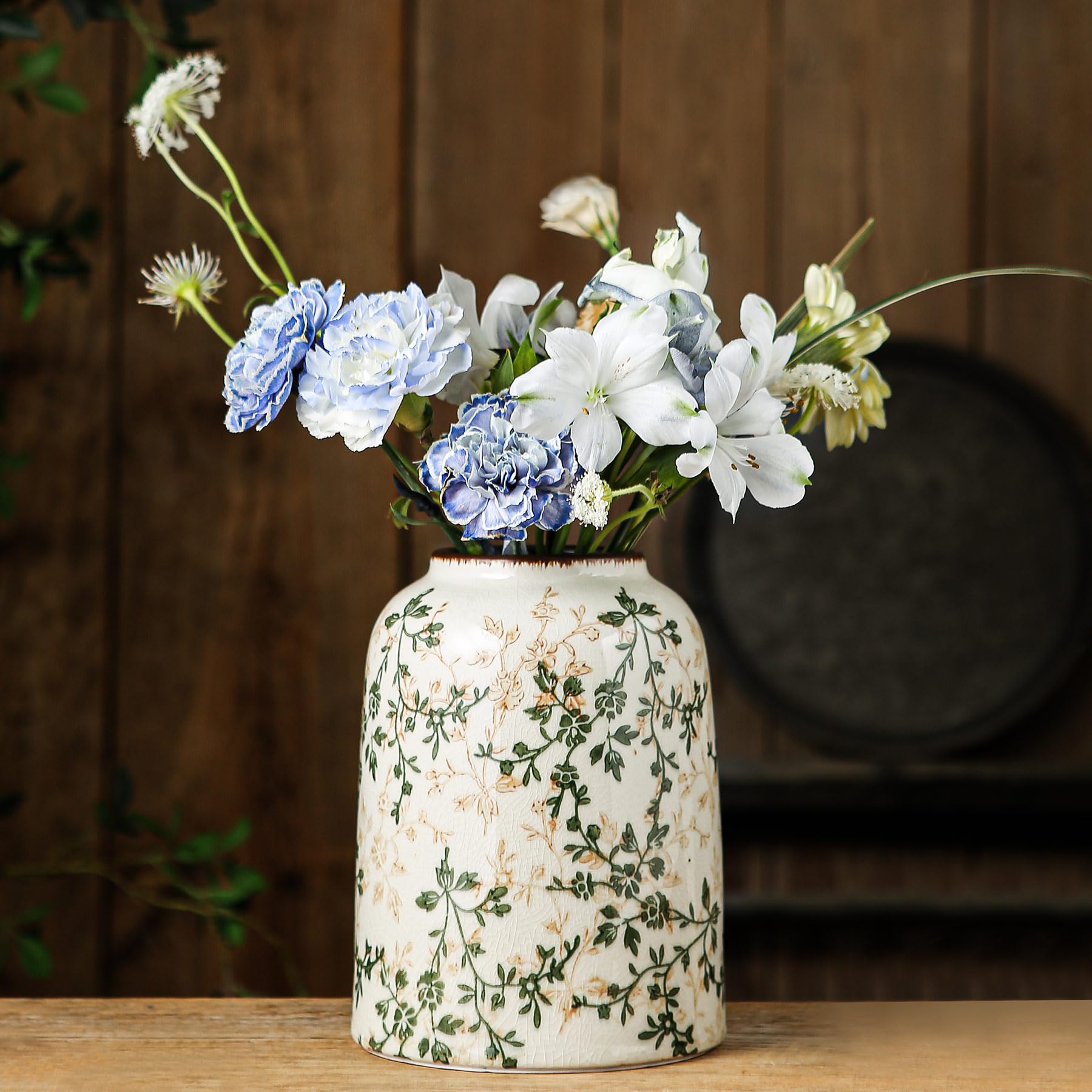 Ceramic Flower Vases Set of 3 | Green Rustic Farmhouse Vase Set for Home Decor, Vintage Floral Decorative Vase for Living Room & Kitchen, Mantel & Bookshelf, Centerpieces, Entryway(5.9+7.9+9.9Inch)