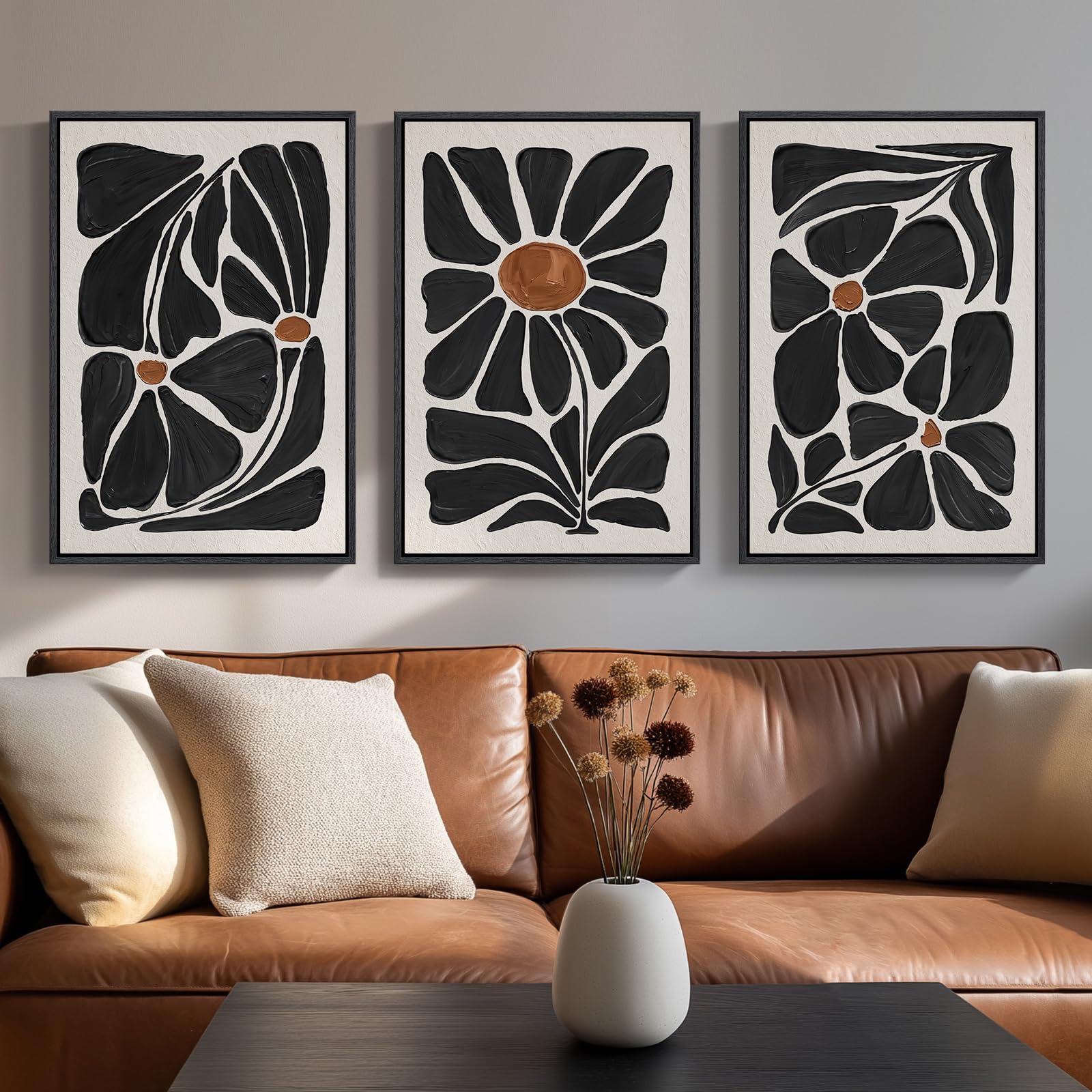 Framed Abstract Sage Green 3 Piece Wall Art for Living Room, Modern Neutral Waves Botanical Canvas Artwork for Walls, Minimalist Wabi Sabi Rustic Nature Print Wall Decor for Bedroom Office, 16x24 Inch